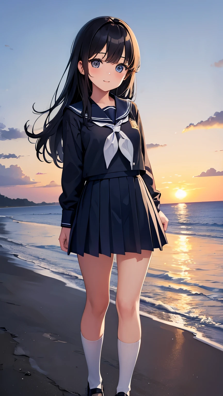 A junior high school girl wearing a school uniform、Walk along the beach at sunrise