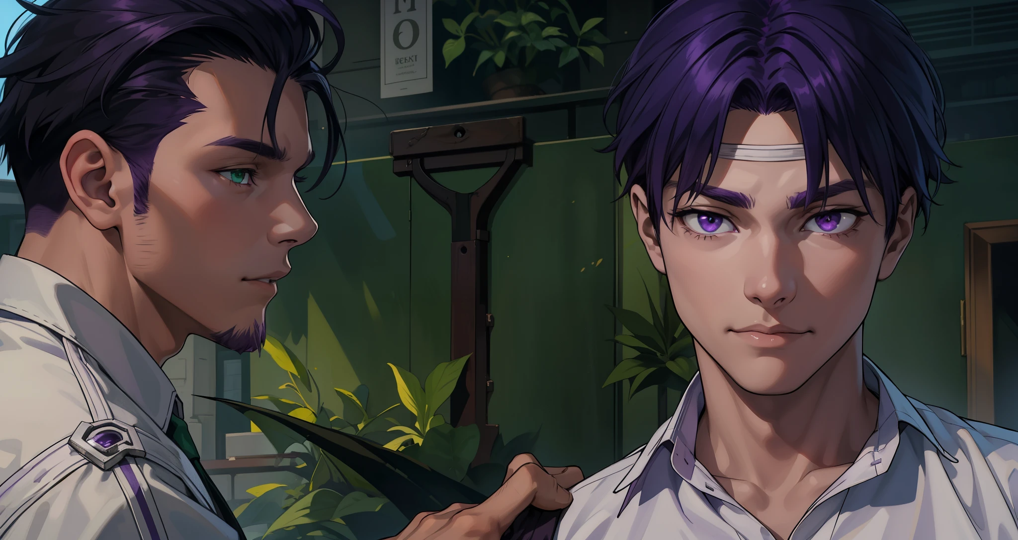 a purple-haired man with purple eyes touches the shoulder of a 16-year-old green-eyed teenager