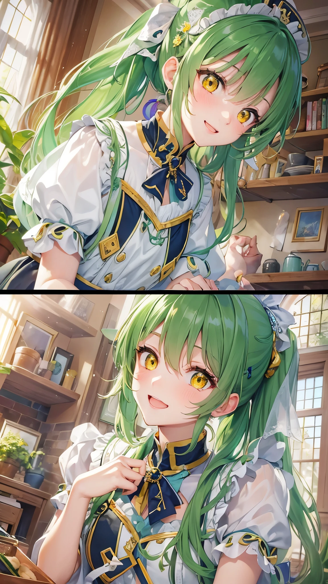 perfect anatomy, masterpiece:1.2, best quality, 8k, beautiful detailed grow, daydreaming expression, frontal (solo ponytail green hair long hair divine cute girl, , cute yellow eyes), smile open mouth, in a maid uniform, break, in the enchanted room.