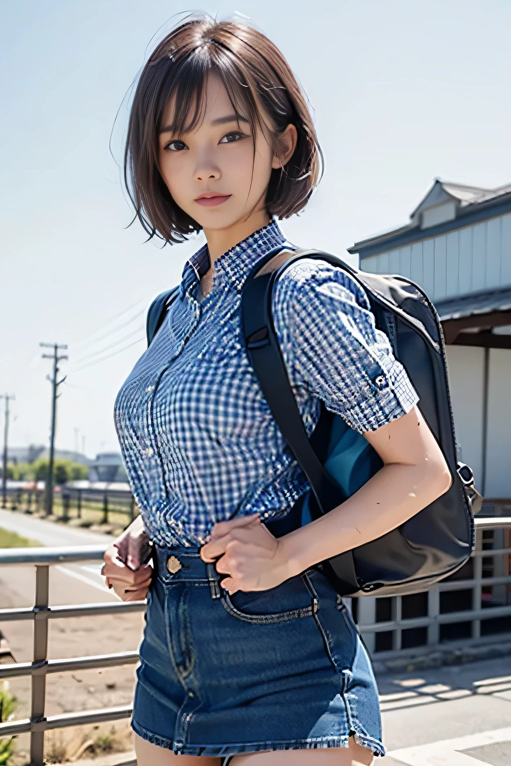 (natural landscape photography), (highest quality), table top:1.2, 超A high resolution, ((cowboy shot:1.4))、realistic:1.4, RAW photo, ((Shinkansen Home:1.4)), (shot from below), ((Short sleeve open collar blue gingham check shirt:1.4)),(1 girl), (18-year-old), (Happy:1.2), (wet skin), (real skin), ((short cut hair, dark brown hair:1.5))、 ((Denim skirt that highlights your thighs:1.4)), ((carrying a big backpack:1.4)), (highly detailed face), (Super beautiful maid), (highly detailed eyes), (highly detailed nose), (super detailed mouth), (super precision arm), (ultra-definition body), pan focus, look at the audience、smiling girl