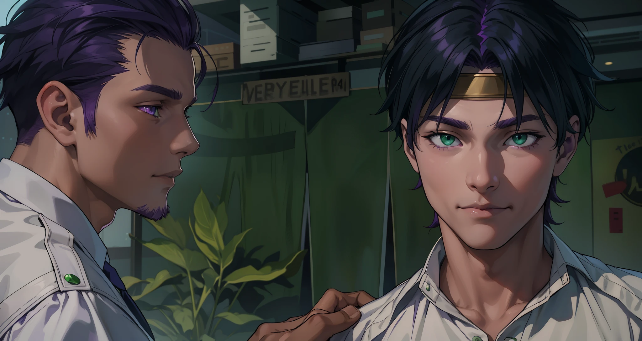 a purple-haired man with purple eyes touches the shoulder of a 16-year-old green-eyed teenager