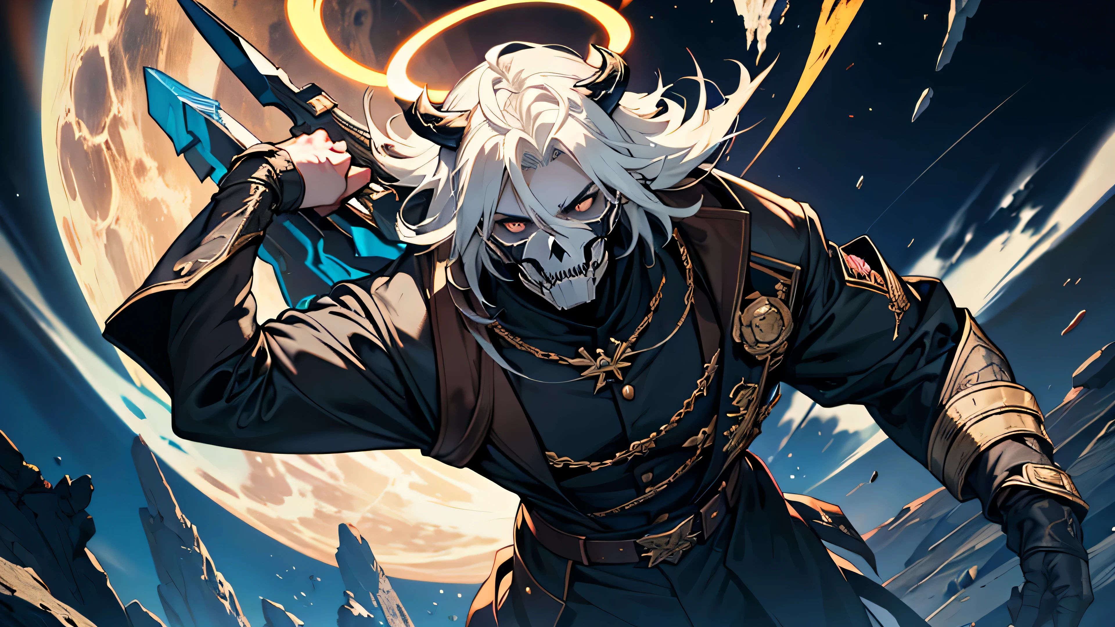 anime guy, bone mouth piece, wearing bone mask, human face, human head, white skin tone, black halo, black halo above character, halo, raising arms, arms raised, older guy, mature, 25 years old, badass, holding daggers, assassin, human, hybrid, demon/human hybrid, bones on attire, bones on clothes, dark blue aesthetic, gold accent, blue and gold outfit, dark blue, demon skull themed character, human skin, exploded planet in sky, skin peeling off showing bone,