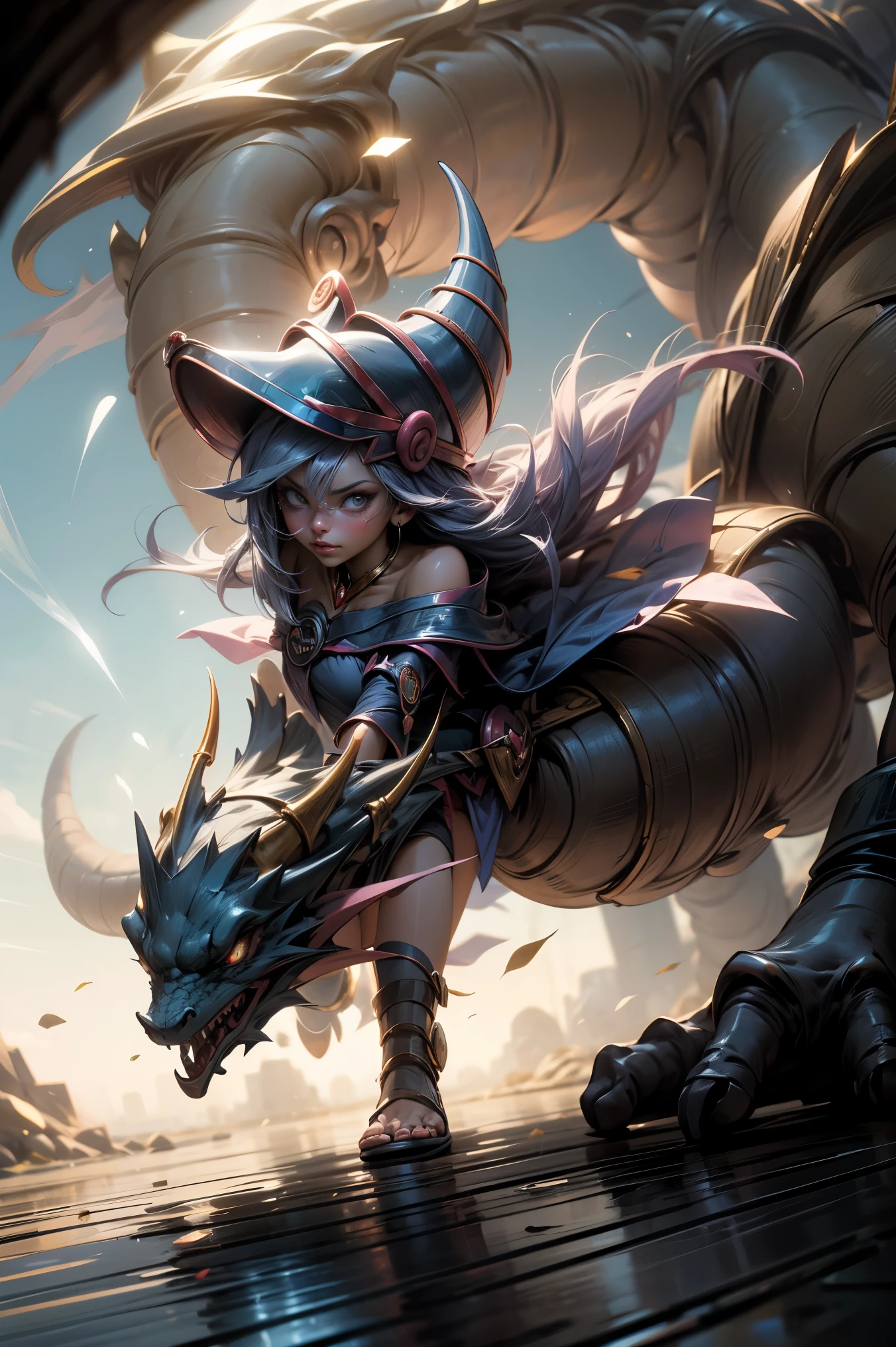 (obra maestra:1.2), (La mejor calidad:1.2), perfect lighting, Chica Maga Oscura lanzando un hechizo, en batalla, Fight a red-skinned dragon.En sus veinte, flotando en el aire, tetas medianas visibles, escote transparente, bata azul, sombrero grande, desde arriba, Destellos, Yugioh juego, The magic of the heart. LIGHTS OF THE HEART, Romantic heart. Batalla de dragones