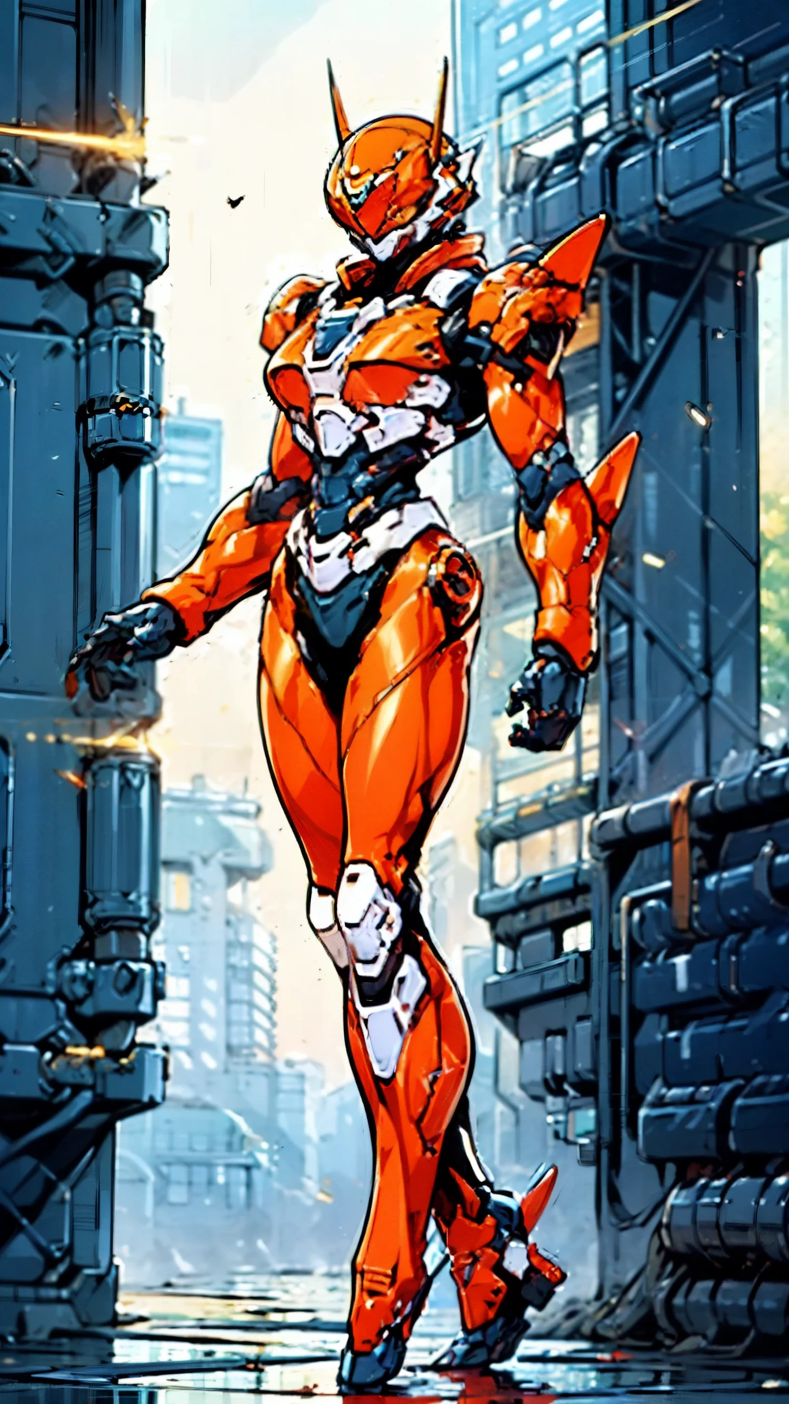 A woman adorned in fantasy-style full-body armor, a crown-concept fully enclosed helmet that unveils only her eyes, a composite layered chest plate, fully encompassing shoulder and hand guards, a lightweight waist armor, form-fitting shin guards, the overall design is heavy-duty yet flexible, ((the armor gleams with a golden glow, complemented by red and blue accents)), exhibiting a noble aura, she floats above a fantasy-surreal high-tech city, this character embodies a finely crafted fantasy-surreal style armored hero in anime style, exquisite and mature manga art style, (Queen bee mixed with Spider concept Armor, plasma, blood), ((Element, energy, elegant, goddess, femminine:1.5)), metallic, high definition, best quality, highres, ultra-detailed, ultra-fine painting, extremely delicate, professional, anatomically correct, symmetrical face, extremely detailed eyes and face, high quality eyes, creativity, RAW photo, UHD, 32k, Natural light, cinematic lighting, masterpiece-anatomy-perfect, masterpiece:1.5