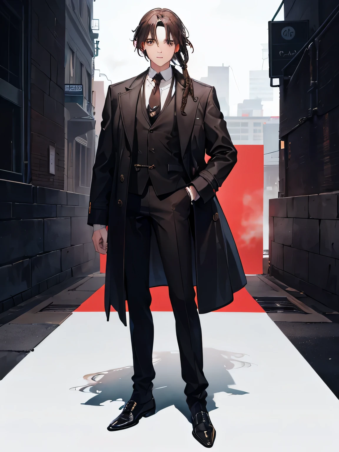 1man, age in early 30s, short black dreadlocks, brown eyes, wearing plain black suit, black pants, brown shoes, red tie, trench coat, absurdres, high res, ultrasharp, 8K, masterpiece, looking at viewer