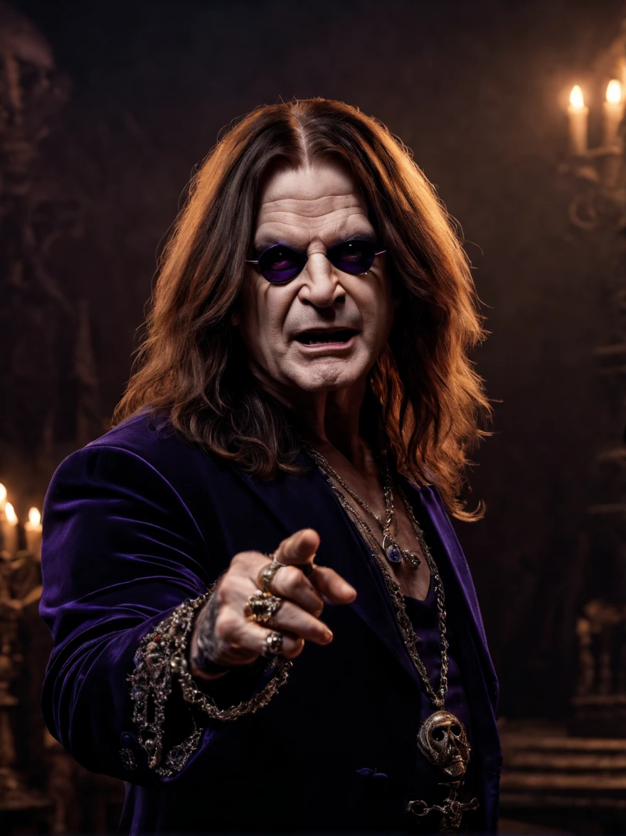 Realistic photo, masterpieces, Ozzy Osbourne, prince of darkneass, bat, dark climate, Imersive background, raw photo, hdr, 8k, 