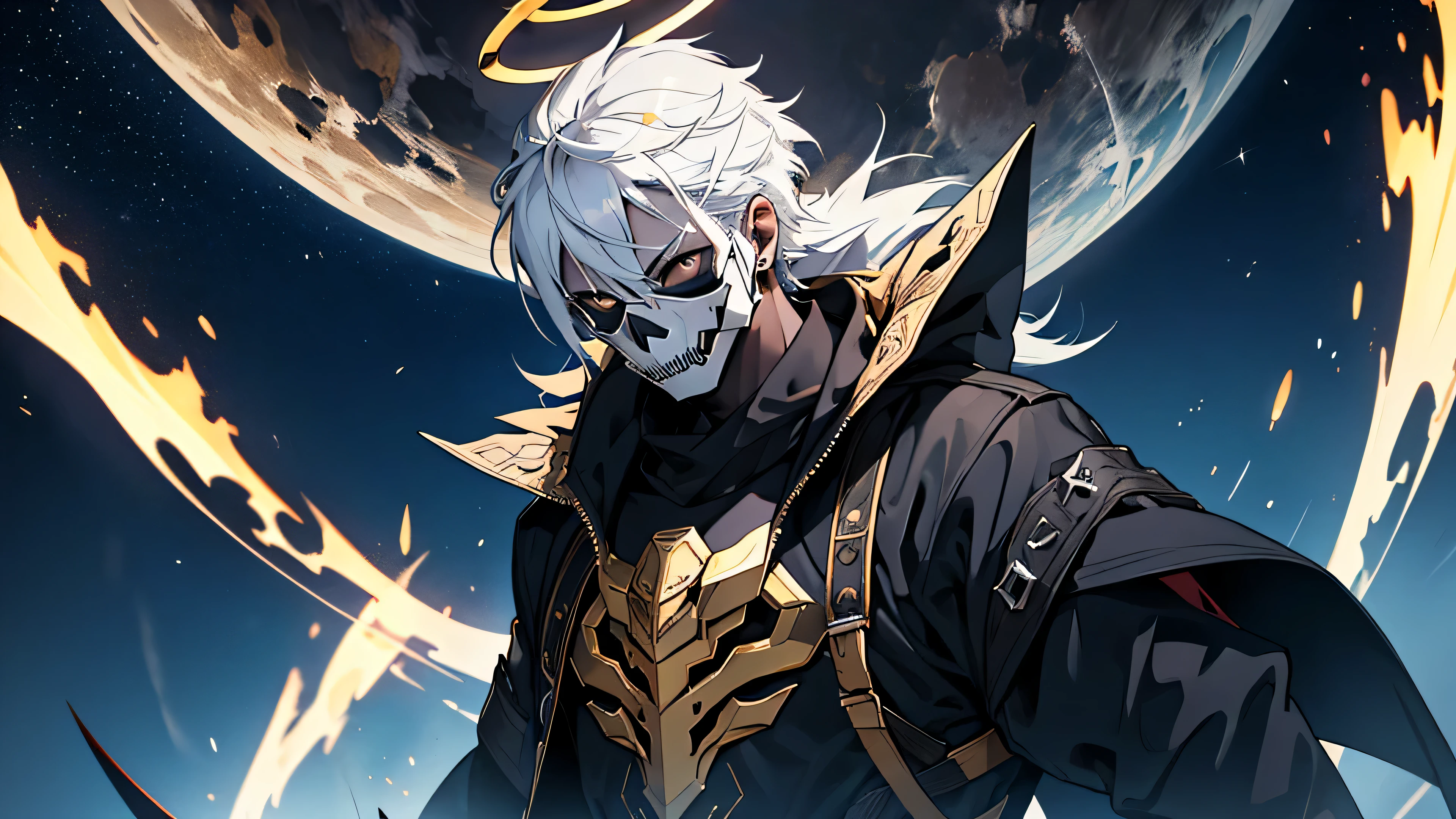 anime guy, bone mouth piece, wearing bone mask, human face, human head, white skin tone, black halo, black halo above character, halo, raising arms, arms raised, older guy, mature, 25 years old, badass, holding daggers, assassin, human, hybrid, demon/human hybrid, bones on attire, bones on clothes, dark blue aesthetic, gold accent, blue and gold outfit, dark blue, demon skull themed character, human skin, exploded planet in sky, skin peeling off showing bone,