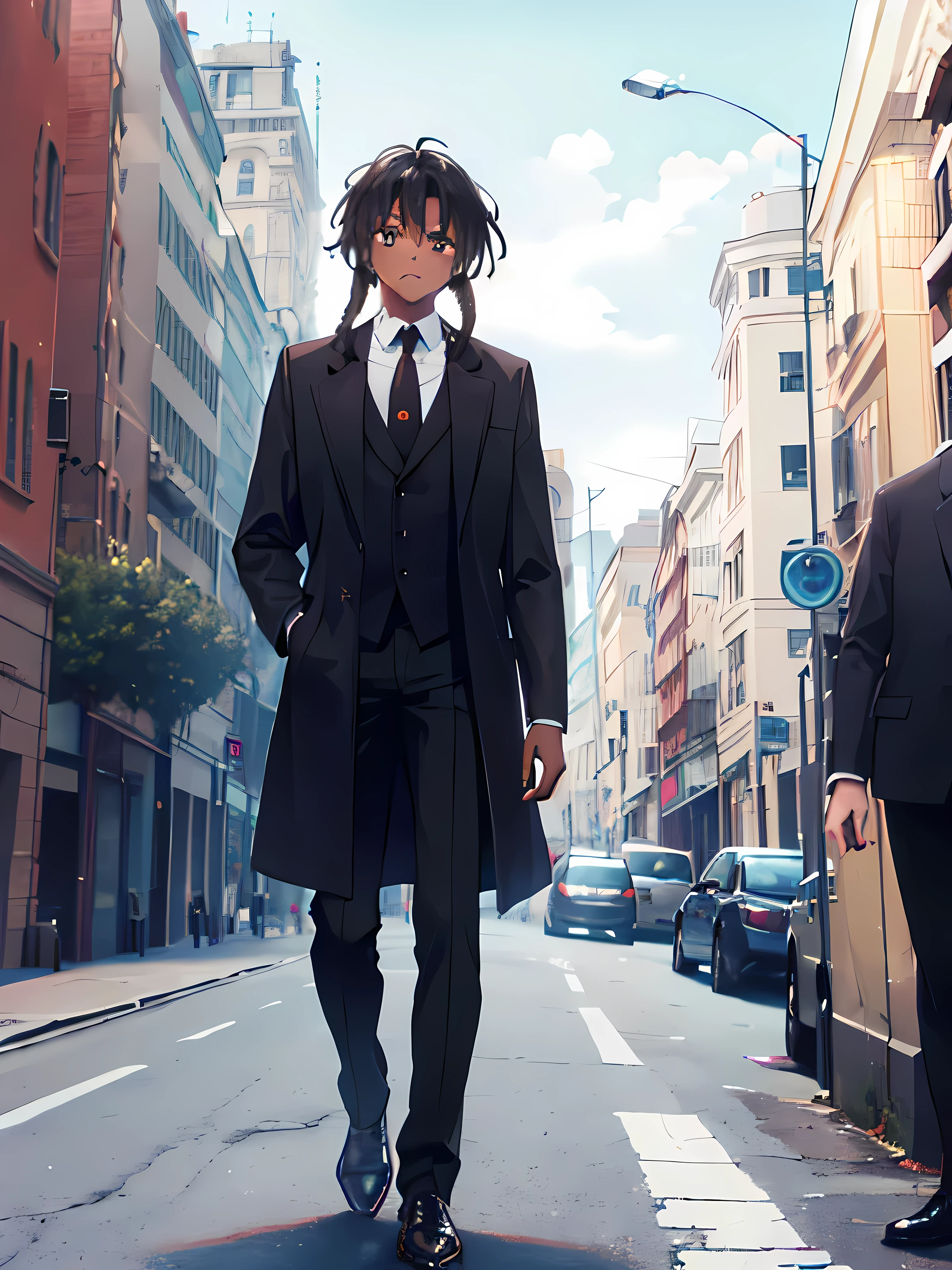 1man, short black dreadlocks, brown eyes, dark skin, wearing plain black suit, black pants, brown shoes, red tie, trench coat, absurdres, high res, ultrasharp, 8K, masterpiece, looking at viewer