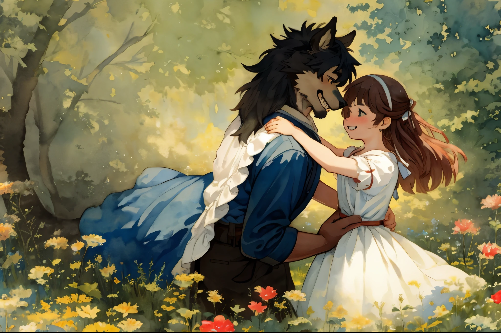 cover page, highres, top quality, best quality, paid reward available, unparalleled masterpiece, perfect artwork, absurdres, High-quality illustrations, watercolor, soft color, Vintage images, highres, unparalleled masterpiece, absurdres, love story of human girl and giant Werewolf, love romance, family photograph, pair, Height difference, Physical difference, perfect anatomy, smile, joyful, play with, smile, happy, watercolor,