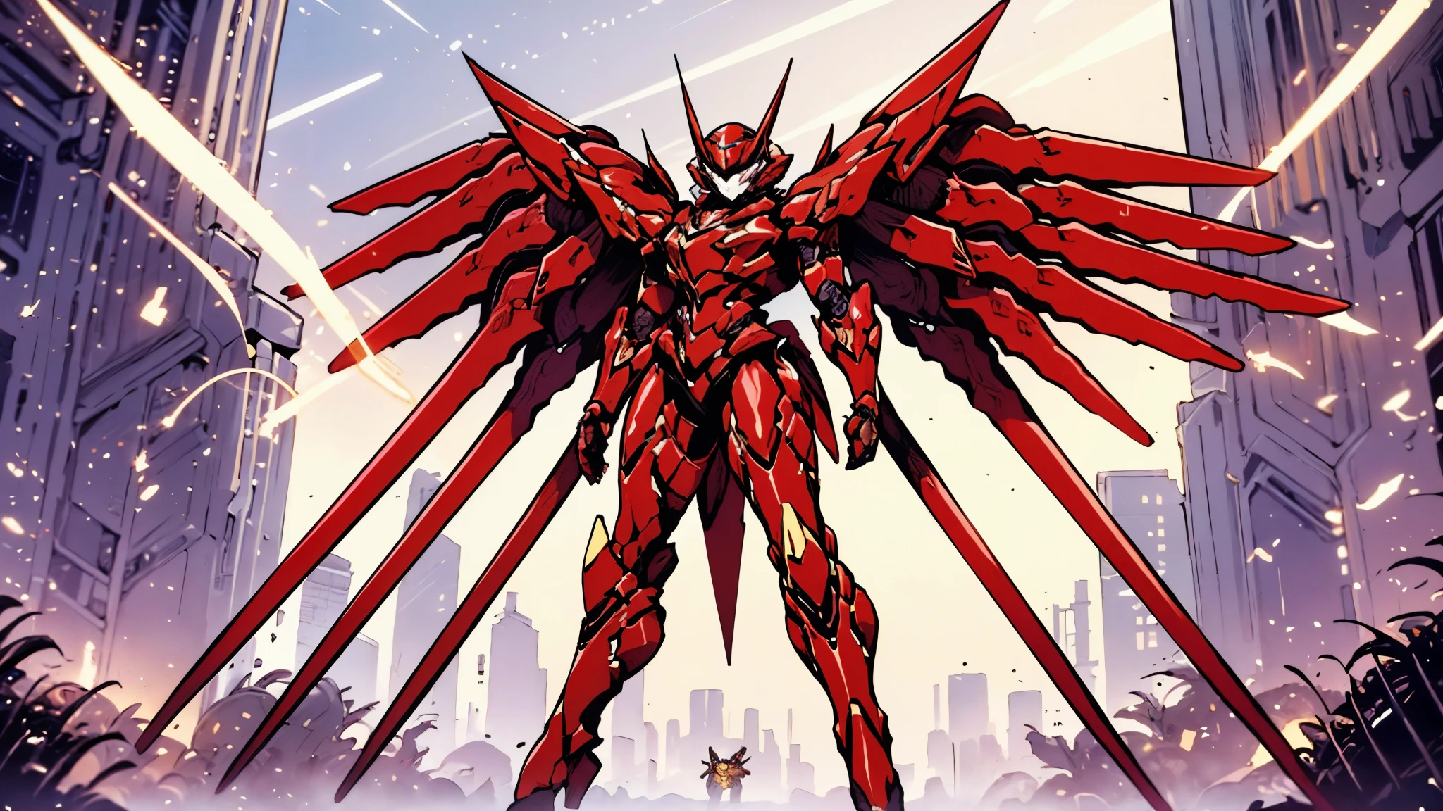 A woman adorned in fantasy-style full-body armor, a crown-concept fully enclosed helmet that unveils only her eyes, a composite layered chest plate, fully encompassing shoulder and hand guards, a lightweight waist armor, form-fitting shin guards, the overall design is heavy-duty yet flexible, ((the armor gleams with a golden glow, complemented by red and blue accents)), exhibiting a noble aura, she floats above a fantasy-surreal high-tech city, this character embodies a finely crafted fantasy-surreal style armored hero in anime style, exquisite and mature manga art style, (Queen bee mixed with Spider concept Armor, plasma, blood), ((Element, energy, elegant, goddess, femminine:1.5)), metallic, high definition, best quality, highres, ultra-detailed, ultra-fine painting, extremely delicate, professional, anatomically correct, symmetrical face, extremely detailed eyes and face, high quality eyes, creativity, RAW photo, UHD, 32k, Natural light, cinematic lighting, masterpiece-anatomy-perfect, masterpiece:1.5