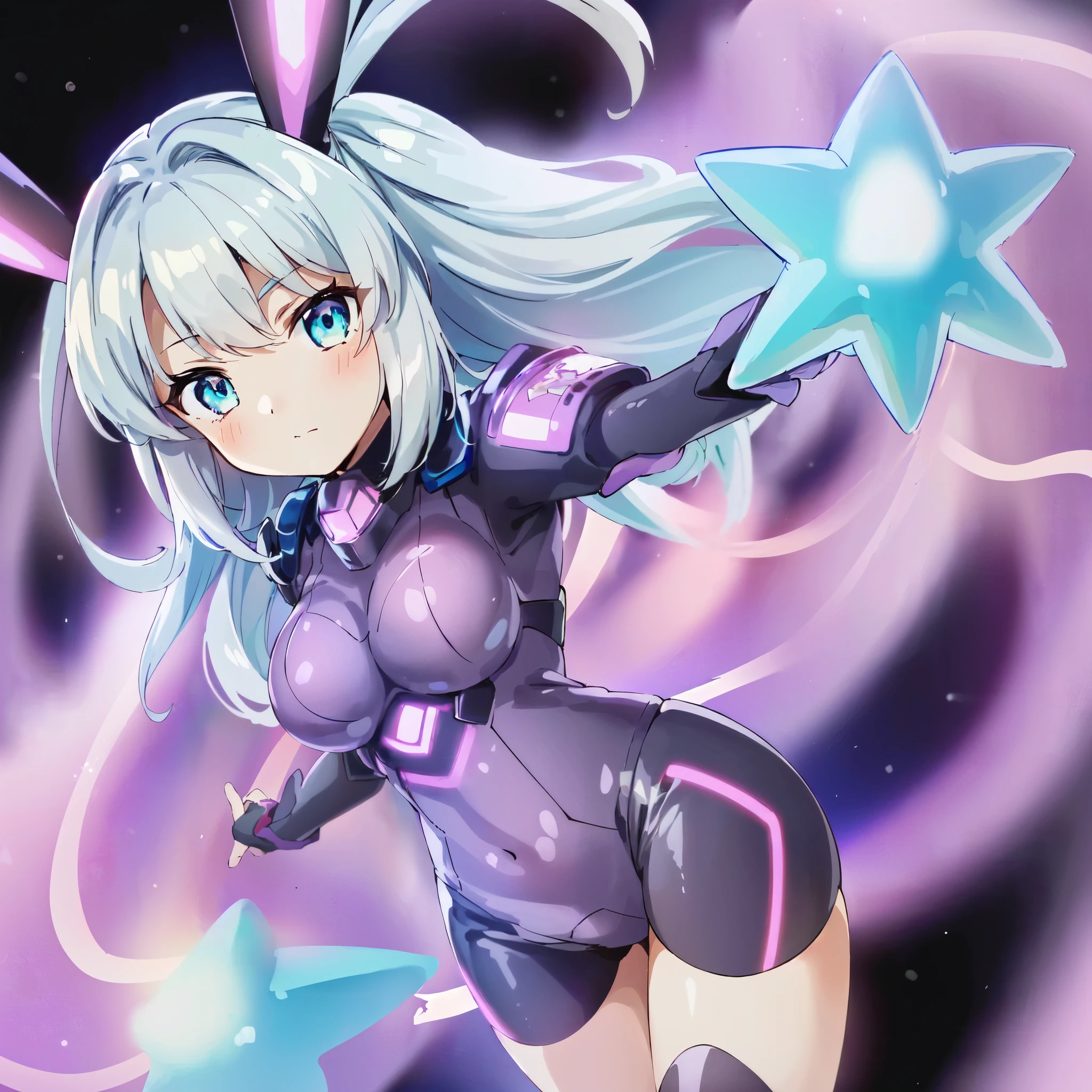 1girl, long cyan hair,  (detailed blue anime eyeecha spacesuit, looking at viewer, cute, perfect face, holding a cyan star, space in background, (masterpiece), high resolution, best quality, (((anime art)))