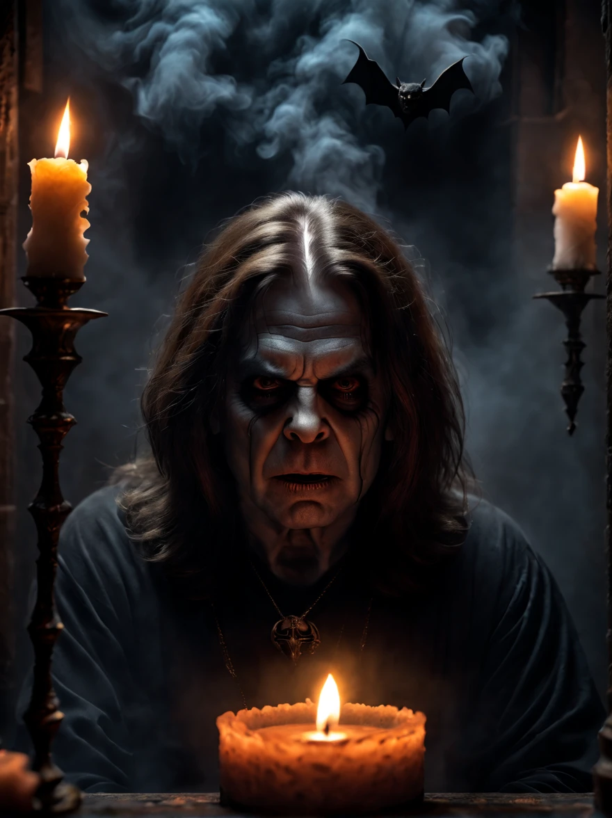 Realistic photo, extremely detailed face, masterpieces, Ozzy Osbourne, prince of darkness, bat, candles, smoke elements, dark climate, Imersive background, raw photo, hdr, 8k,
