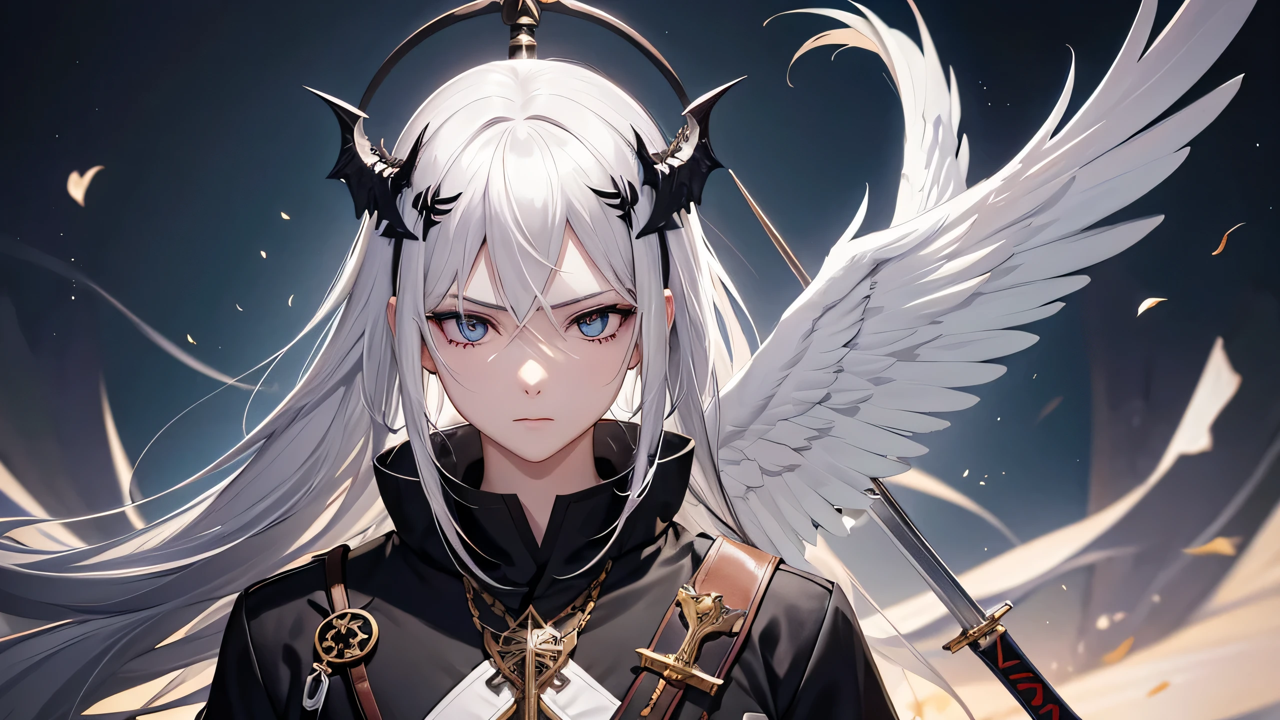 anime, anime, black hair, white hair, wings, skull, sword, sword, sword, sword, sword, sword, sword, sword, sword,, beautiful male god of death, by Yang J, trending on artstation pixiv, from arknights, key anime art, portrait of the god of death, detailed anime character art, highly detailed eyes, beautiful eyes, 