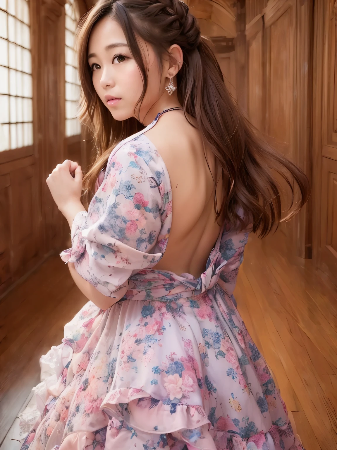 highest quality、face focus、soft light、(Depth of the bounds written)、超A high resolution、(Photoreal:1.4)、Raw photo、(Portrait:1.4)、(From the back:1.4)
1 japanese girl, solo, cute, (full of embarrassment, laughter:1.1), (brown eyes), beautiful face detailidi_hair),Brown hair、Braided hair
The Great Hall of European Castles、On foot、
(formal attire:1.2)、(Too big chest:1.8)