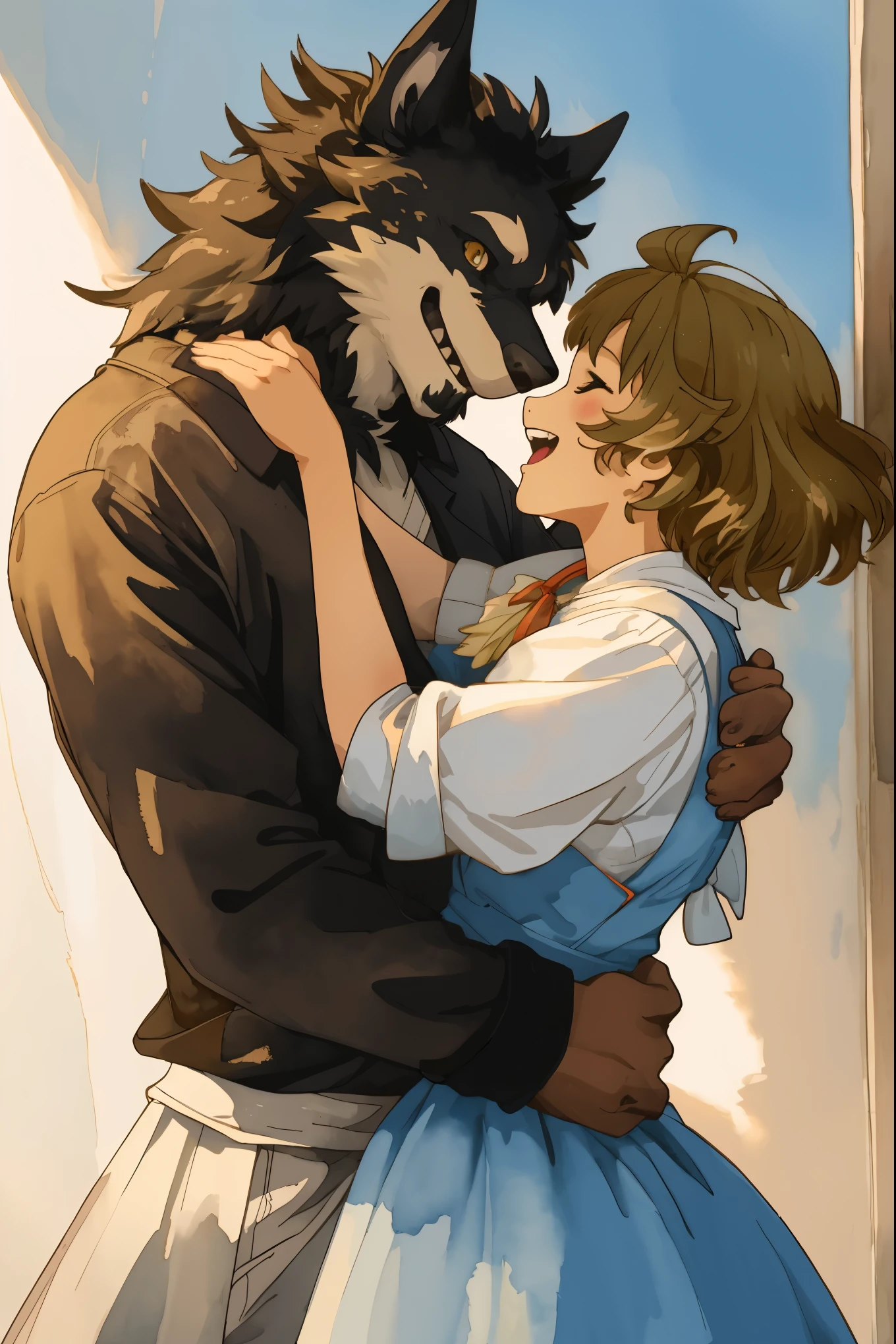 watercolor, soft color, Vintage images, highres, unparalleled masterpiece, absurdres, love story of human girl and giant Werewolf, pair, Height difference, Physical difference, perfect anatomy, smile, joyful, play with, smile, happy, watercolor,