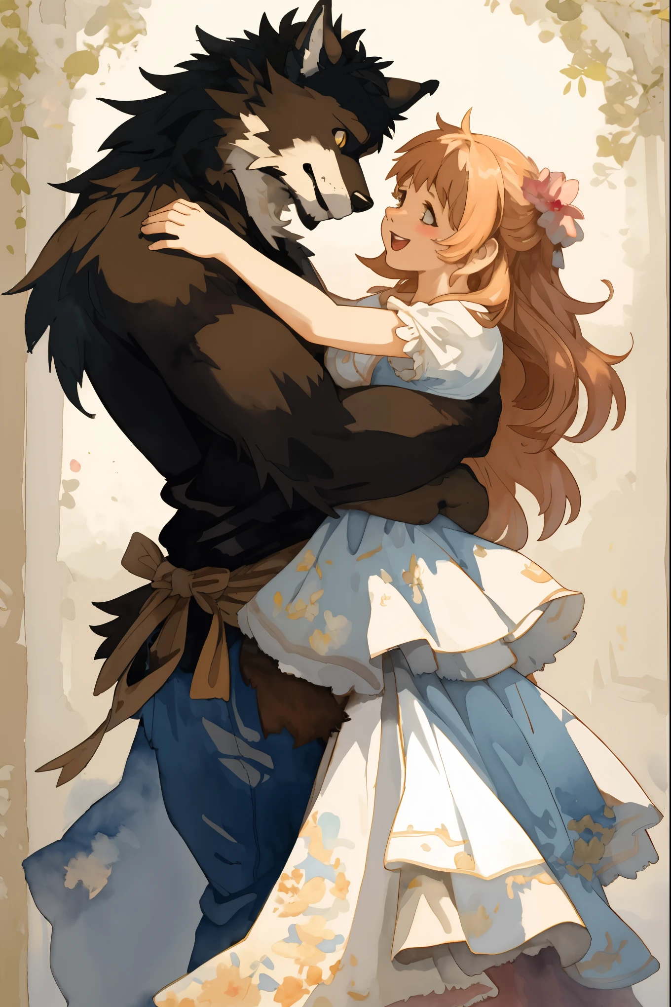 watercolor, soft color, Vintage images, highres, unparalleled masterpiece, absurdres, love story of human girl and giant Werewolf, pair, Height difference, Physical difference, perfect anatomy, smile, joyful, play with, smile, happy, watercolor,