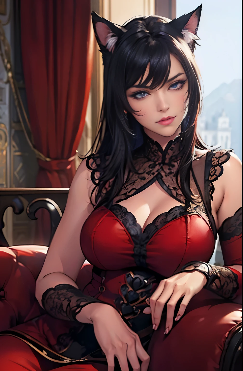 Best Quality, 超High Resolution, (Photorealistic:1.3), RAW photo, 1 European woman, 30 years, fine details, ((Bright red cat eyes)), ((burgundy eye shadow)), (((Blue-black hair))), ((Hair is like darkness)), cat ears, cat tail, Masterpiece, Resolute posture, Resolute posture, Posing, It's worth the growth, Adventurer's Costume, Adventurer's clothes, Long manicure, Fabric exposure, beautiful detail eyes, beautiful detailed lips, long eyelashes, Noble atmosphere, Royal Charisma, European face, Aryan face. wide eyes, As a European, desert.