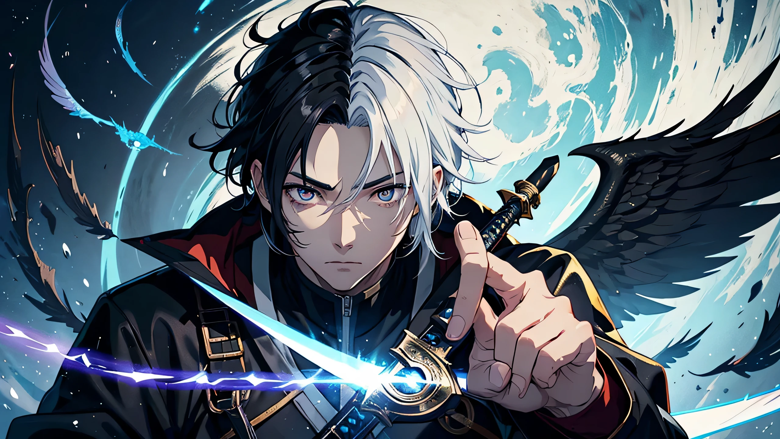 anime guy, guy, male, boy, 1guy,  anime, black hair, white hair, wings, skull, sword, sword, sword, sword, sword, sword, sword, sword, sword,, beautiful male god of death, by Yang J, trending on artstation pixiv, from arknights, key anime art, portrait of the god of death, detailed anime character art, highly detailed eyes, beautiful eyes,