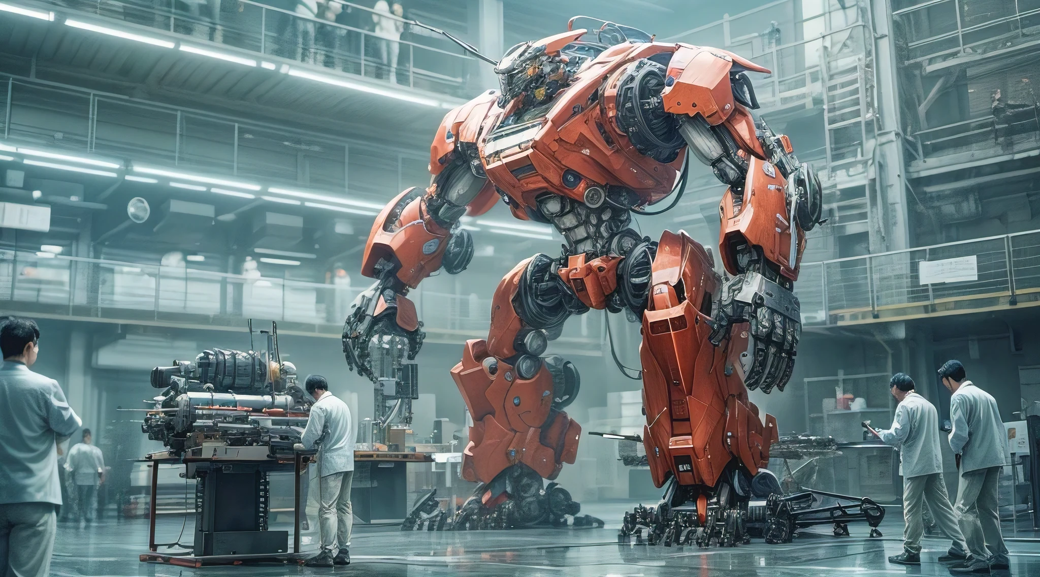 (masterpiece, best quality, photorealistic, ultra-detailed:1.2), A mecha assembly laboratory is assembling mechas, surrounded by some Chinese scientists observing,with legs visible,No blur, no depth of field,Full body lens,Detail Background,FUTURE STYLE,Detail mecha,realism,Hyperrealism,high detail,high resolution,hyper quality,Natural light,epic detail,8K
