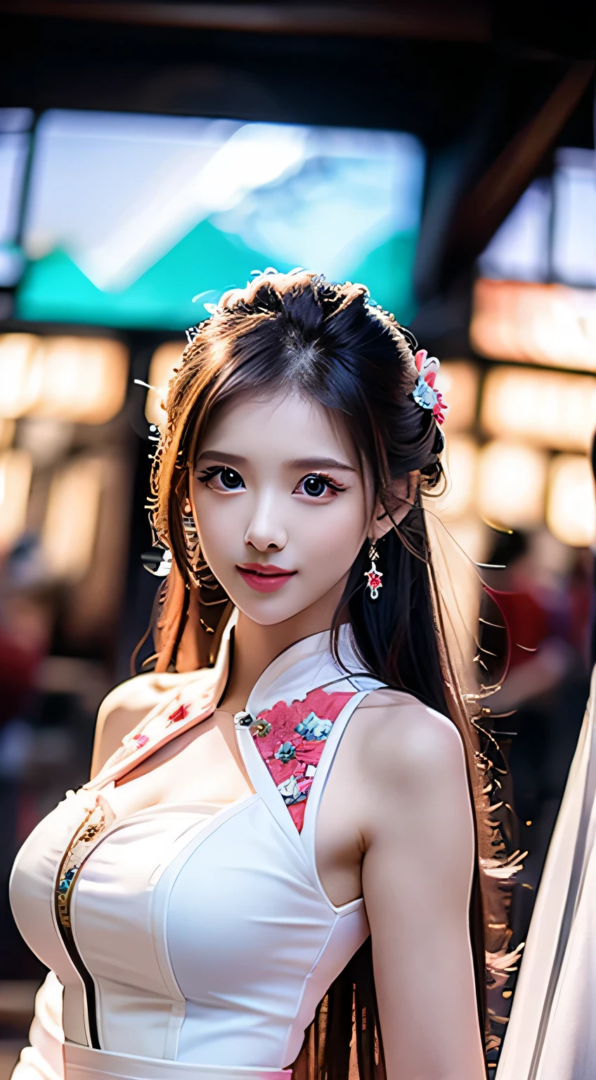 (camera shooting down from elevated position), ((girl looking up at camera)), full body shot, 8K Ultra HD, A girl, Good face, Detailed, Eyes, Beautiful lips, Very red hair, disheveled hair, Medium breasts, Wedding dress, Pink dress, In the park, Glowing, clear weather,