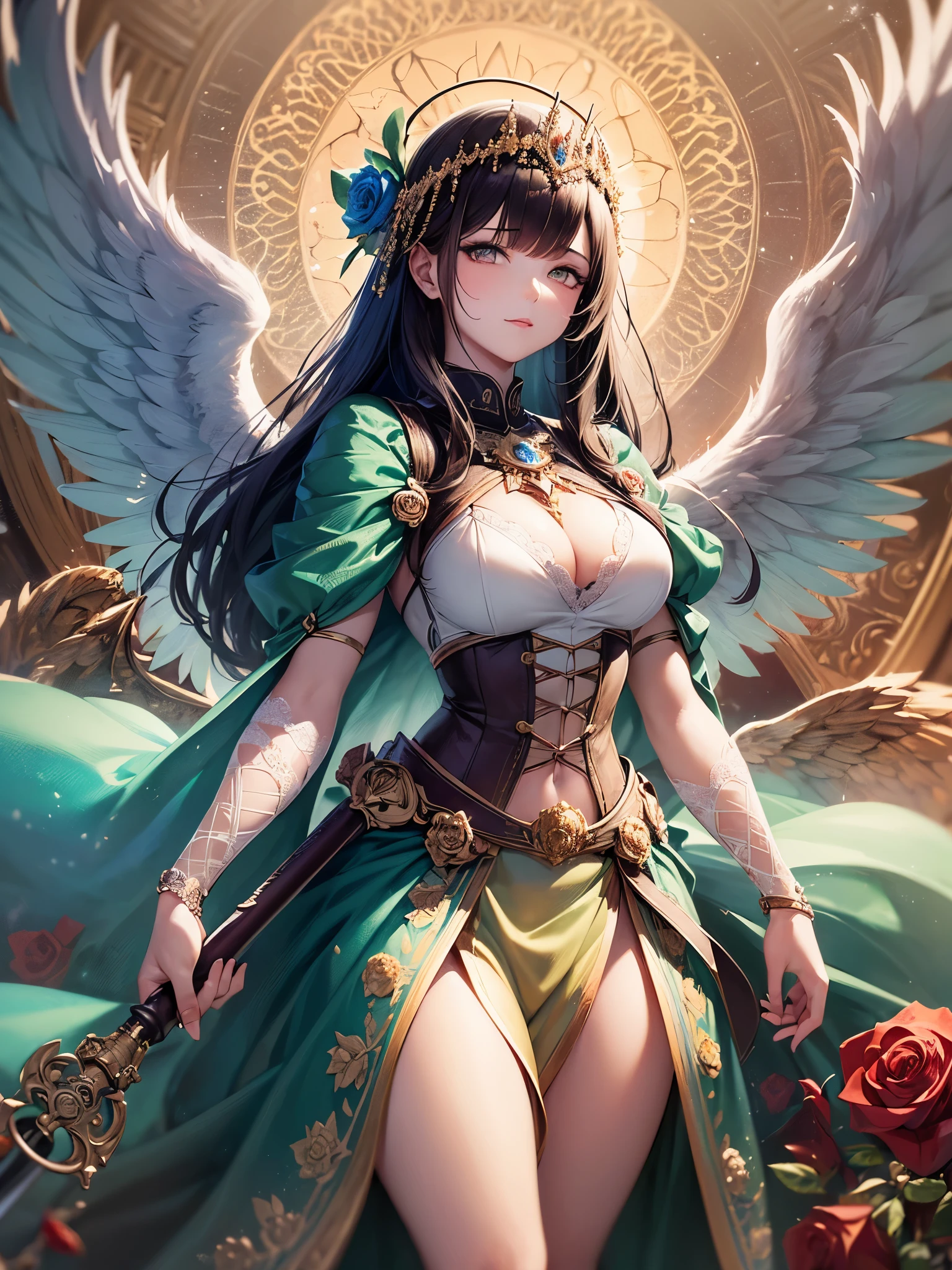 ((highest quality)),(ultra high resolution),(Super detailed),(detailed description),((best CG)),(best work of art),super precision art,amazing drawing art,(Fantasy art with precise details:1.5), (one female angel:1.5),(beautiful and well-shaped face:1.6),(A detailed and detailed dress:1.6,embroidery:1.3),(rose sword:1.6),6Wings:1.3, Soft light pouring down from the sky:1.4,