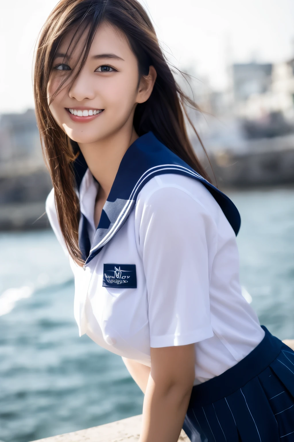 8K raw photo, Best quality, masterpiece, ultra high res, 3d, realistic, 1girl, asian, black_hair, black_sailor_collar, long_hair, nose, school_uniform, neckerchief, natural skin texture, light brown_eye, detailed eyes and face, lips, lipstick, smile, teeth, beautiful legs, enormous breasts, beautiful seaside location, (detailed background), plaid skirt, white shirt, enormous breast, blurry background, short sleeves