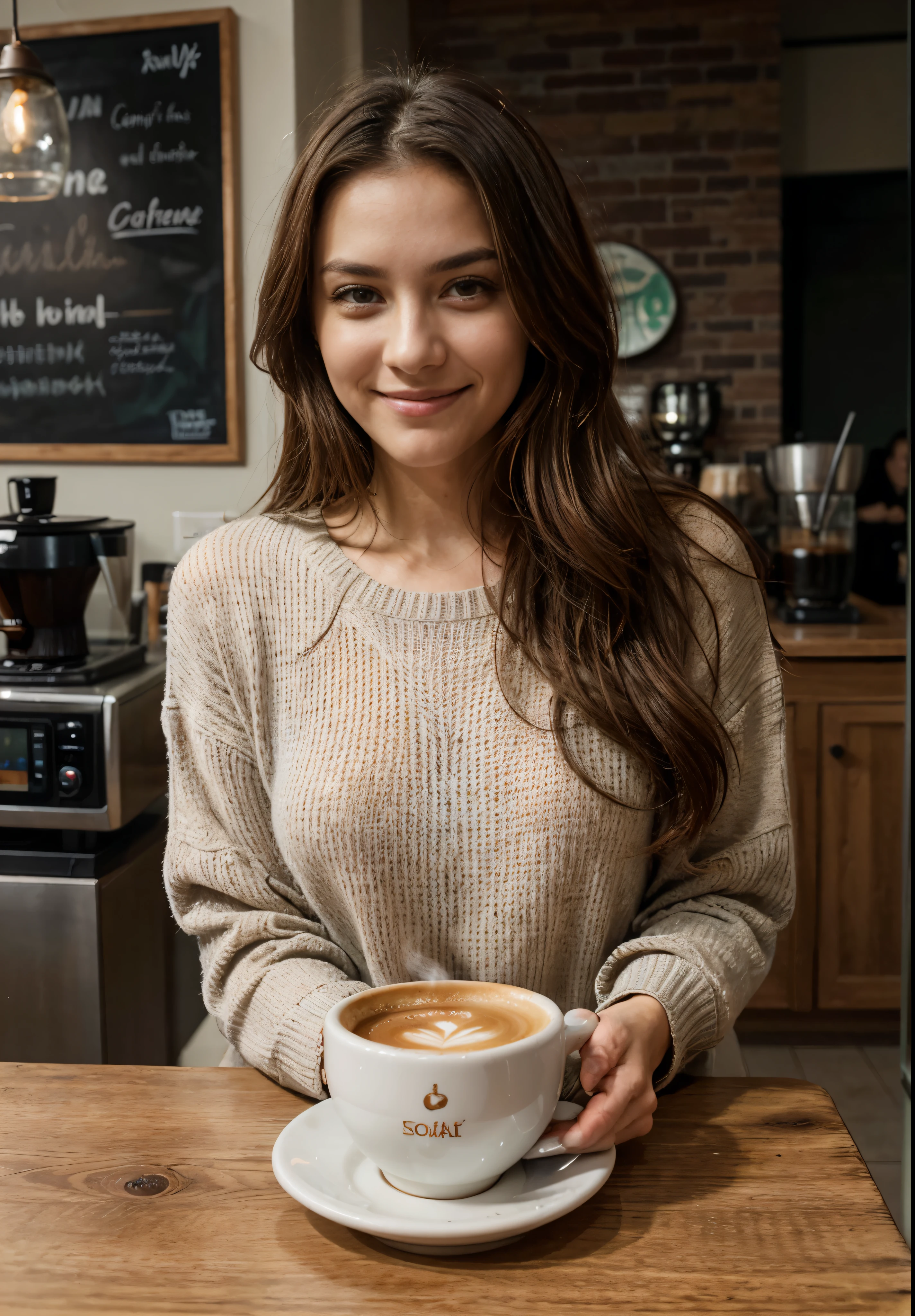 melhor qualidade,4k,8K,high resolution,obra de arte:1.2),ultra-detalhado,(Realista,fotoRealista,foto-Realista:1.37),Mulher bonita, 30 anos old,mulher sorridente,longo,ondulado,cabelo castanho escuro,olhos castanhos escuros,Happy expression,fios de cabelo detalhados,Felicidade,Atmosfera relaxante,cafeteria sofisticada,vestido de jeans,roupa estilosa e moderna,comfortable seating area,wooden furniture,cozy ambient lighting,grandes janelas de vidro,people enjoying their coffee,different equipment for preparing coffee,High quality coffee beans,aroma rico,freshly ground coffee beans,delicate foam in coffee cup,Steaming hot coffee,copos para viagem,csoft background music,vibrant and energetic atmosphere,paleta de cores quentes,cores neutras com toques de tons terrosos,Warm, soft lighting,stylish decor elements,Artistic paintings on the walls,painel de menu lindamente projetado,pendurando plantas no teto,bright and clean space,takeaway pastry options,guloseimas indulgentes,detailed coffee cup designs,reflections on coffee cups,friendly and attentive customer service,ambiente convidativo e acolhedor,elegant and sophisticated coffee experience, melhor qualidade, Ultra HD, Detalhes altos, melhor qualidade, rosto bonito, longo oval face, olhar cahrming profundo, olhos profundos, Cinematic lighting, desfoque de movimento, film grain, Muito detalhado, 30 anos, cabelo com ondas naturais, olhos castanhos escuros, high resolution, obra de arte, melhor qualidade, detalhes intrincados, altamente detalhado, sharp focus, pele detalhada, Realista skin textura, textura, olhos detalhados, profissional, 4k, 85mm, profundidade superficial de campo, Kodak Color Vision, corpo em forma perfeita, extremamente detalhado, foto_\(ultra\), fotoRealista, Realista, Post-processing, maximum detail, rugosidade, Vida real, ultra Realista, fotorealism, fotography, 8K uhd, fotography (film grain) medium shot to close-up, longoer slimer face, rosto perfeito, MEDIUM SIZE CHEST underneath clothes, corpo magro esportivo, HANDS ARE HIDDEN FROM THE PICTURE, longo charming face, longo oval face, olhos profundos e encantadores, wearing luxurious sweater