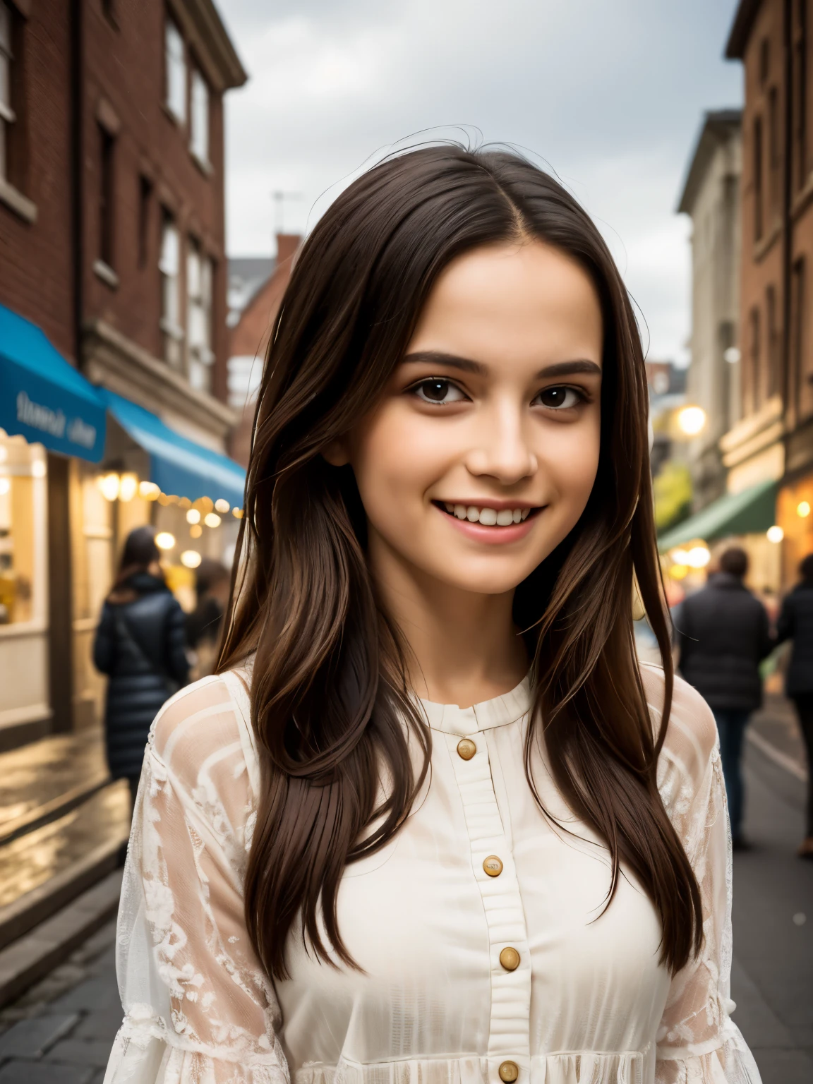 (masterpiece), best quality, expressive eyes, perfect face,a girl smiles towards the camera in a wonderful sunny day. her smile is cheerful but contained and reserved, Victorian era posing in front of a period building, night, street lights, people along the road, horse-drawn carriages, romantic atmosphere, sky with various nocturnal colors and stars.