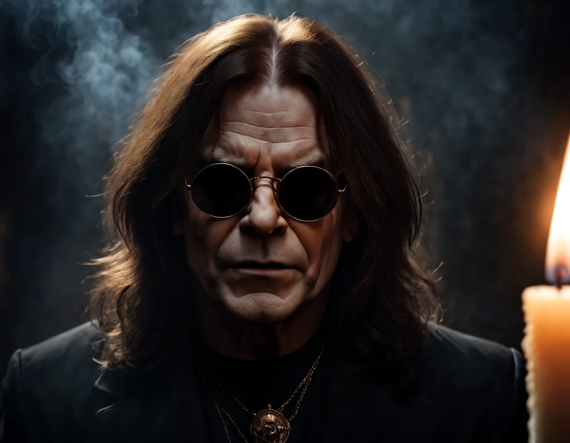 Realistic photo, extremely detailed face, masterpieces, Ozzy Osbourne, prince of darkness, dark and round sunglasses, bat, candles, smoke elements, dark climate, Imersive background, raw photo, hdr, 8k,