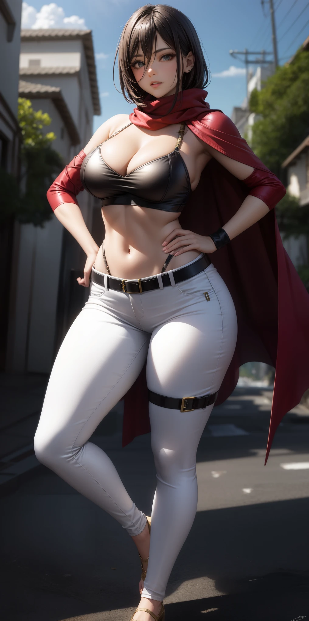 obra-prima, melhor qualidade, highres, hmmikasa, cabelo curto, olhos pretos, cachecol, emblema, cinto, thigh strap, red scarf, White pants, jaqueta marrom, mangas longas, segurando arma, espada, empunhadura dupla, equipamento de manobra tridimensional, postura de luta, Sky, mais alta qualidade, high resolution, mulher sexy, peitos grandes, bunda grande, Cleavage
