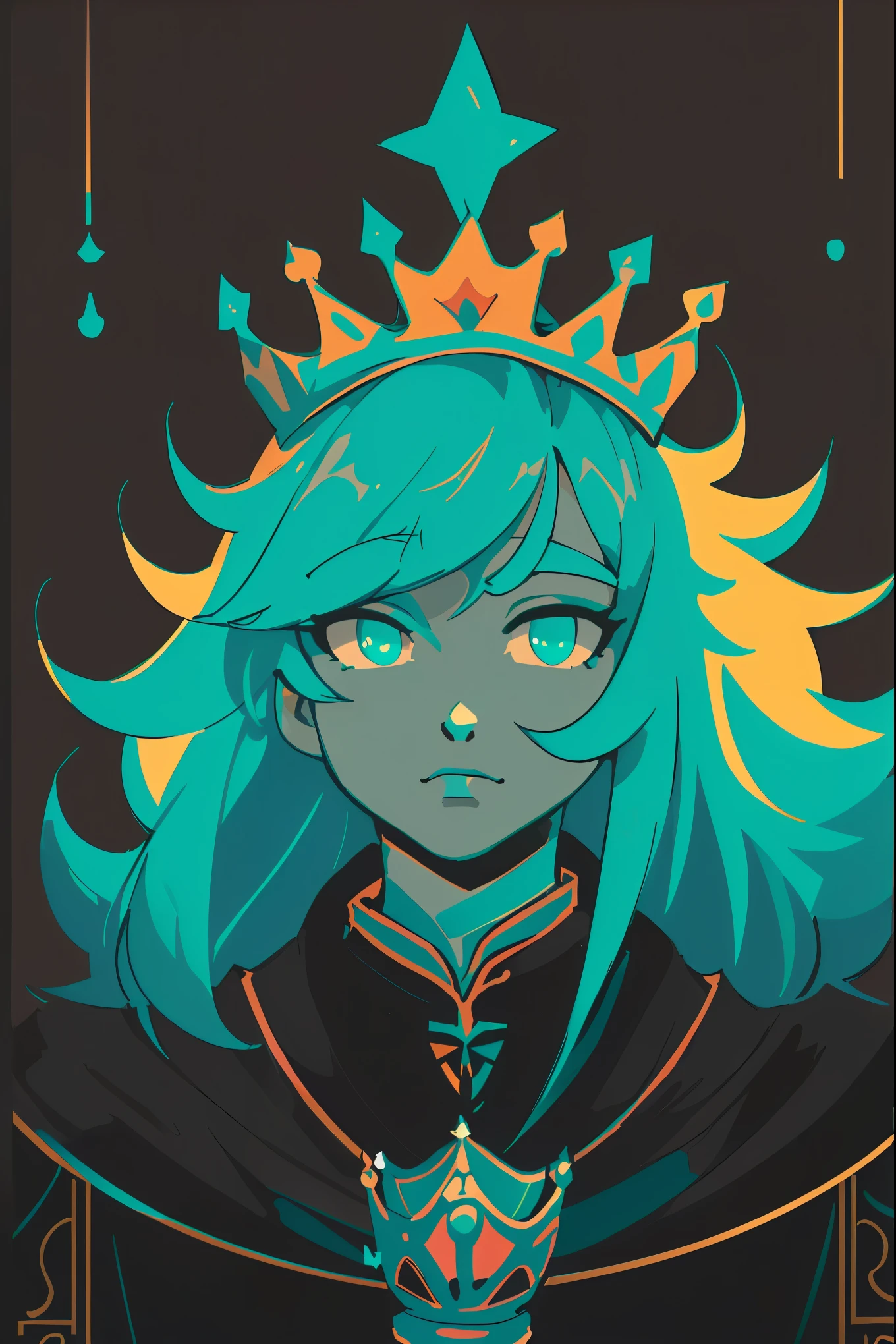 (masterpiece, 4K, ultra - detailed, RAW photogr:1.2) illustratio(The king with the crown:1.5)half-body portrait)(simplebackground, Fluorescent teal and black background:1.4)(symetry:1.2)(art-deco:1.4)(retro-futuristic:1.4)(Maximalism:1.4)(cleanness:1.4)(flat_Color:1.4)(Sun beam)poker card style, style de carte de tarot, CCDDA art style,