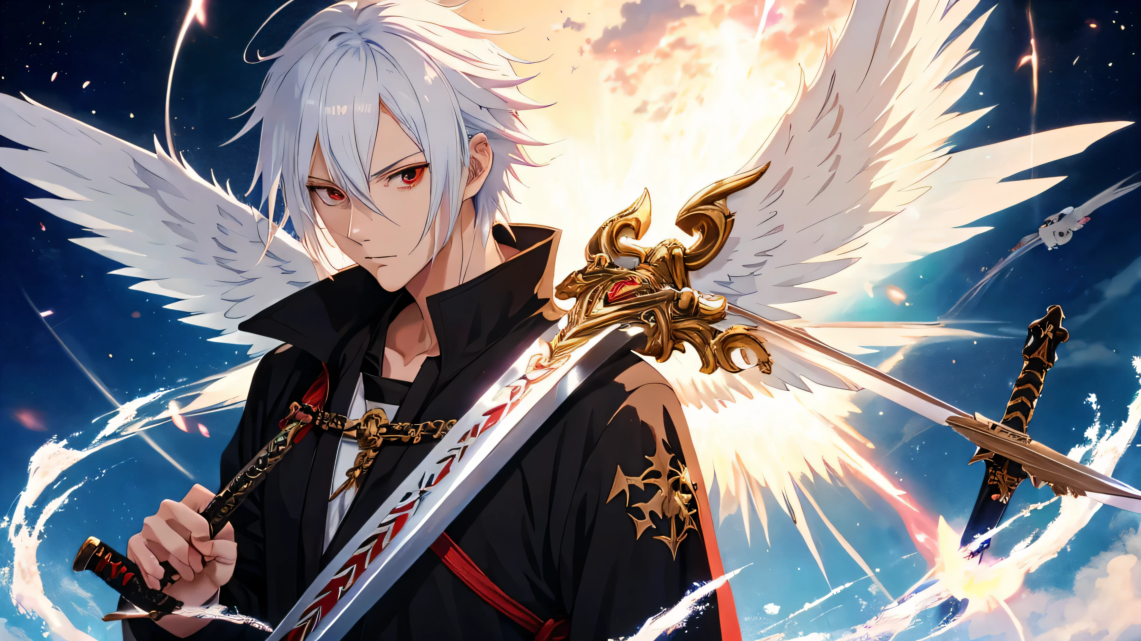 anime guy, guy, male, boy, 1guy, anime, black hair, white hair, wings, skull, sword, sword, sword, sword, sword, sword, sword, sword, sword,, beautiful male god of death, by Yang J, trending on artstation pixiv, from arknights, key anime art, portrait of the god of death, detailed anime character art, highly detailed eyes, beautiful eyes,