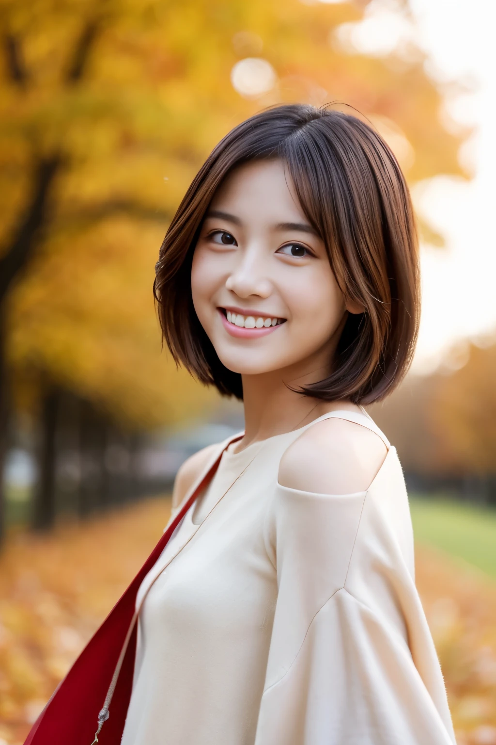 A happy smile looking at this、Under the Autumn Sky、dressed casually、20 year old girl with short hair, Adorable, Light Red Top.