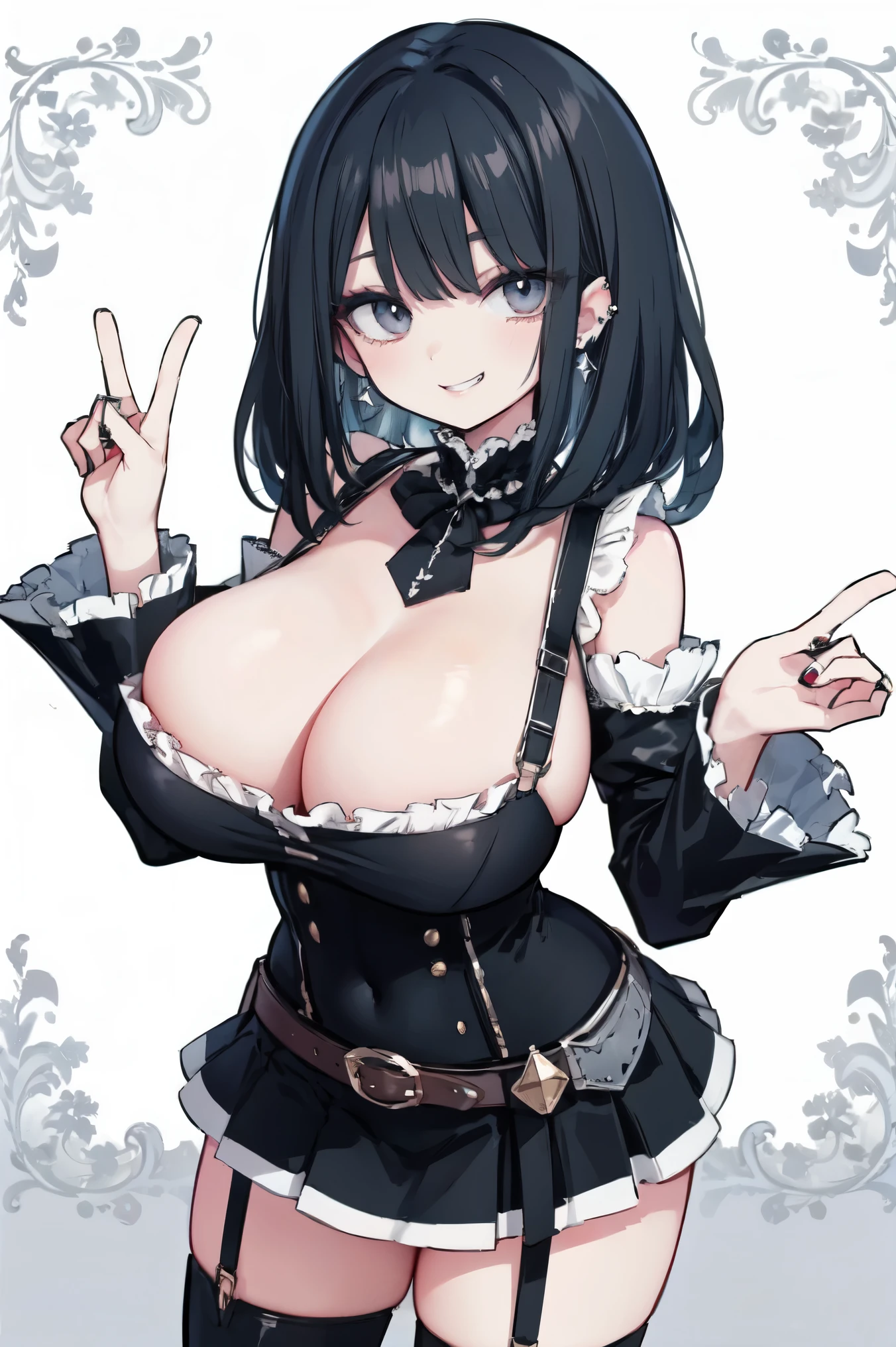 sagging breasts,mature female,huge breasts, gigantic breasts,solo,grin,cowboy shot,gyaru,((nagatiti)),eyeshadow,lip,Shiny eyelashes,black hair, ((two-tone hair)),piercing,large belt, detailed decorations, frilled dress, Metal buttons, layered miniskirt, long ruffled sleeves,knee-high boots, ω,half eye,smile,suspenders,put your hands on your breasts,