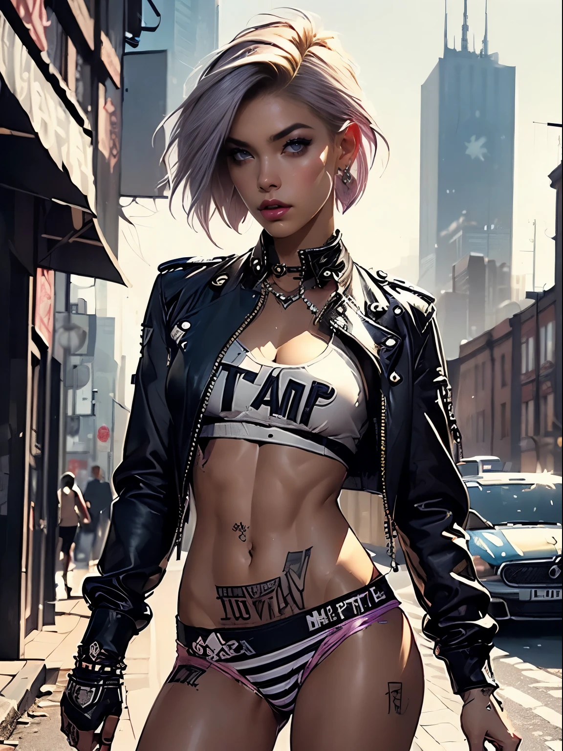 (((top quality: 1.4))),(A masterpiece like no other in history), (ultra high resolution),(Ultra-realistic 8k CG), official art、 (((adult body))), (((1 girl))), ((( bob short hair ))), punk girl with perfect body, jacket with metal spine,Beautiful and well-shaped face,flashy makeup,elaborate punk fashion,leather jacket, (Image from head to thighs),(( bob short hair )), small leather panties, Simon Bisley&#39;s urban and brutal style,Detailed street background of London,beautiful abs, Complex graphics, Toxic tattoo of dark pink with white stars and gray and white stripes )), earrings,