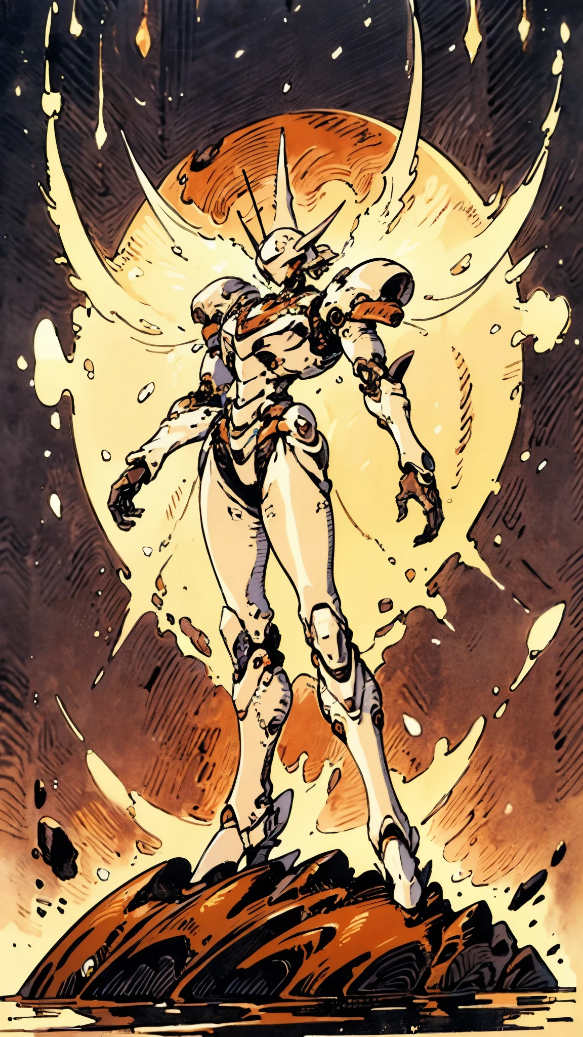 A woman adorned in fantasy-style full-body armor, a crown-concept fully enclosed helmet that unveils only her eyes, a composite layered chest plate, fully encompassing shoulder and hand guards, a lightweight waist armor, form-fitting shin guards, the overall design is heavy-duty yet flexible, ((the armor gleams with a golden glow, complemented by red and blue accents)), exhibiting a noble aura, she floats above a fantasy-surreal high-tech city, this character embodies a finely crafted fantasy-surreal style armored hero in anime style, exquisite and mature manga art style, (Queen bee mixed with Spider concept Armor, plasma, blood), ((Element, energy, elegant, goddess, femminine:1.5)), metallic, high definition, best quality, highres, ultra-detailed, ultra-fine painting, extremely delicate, professional, anatomically correct, symmetrical face, extremely detailed eyes and face, high quality eyes, creativity, RAW photo, UHD, 32k, Natural light, cinematic lighting, masterpiece-anatomy-perfect, masterpiece:1.5