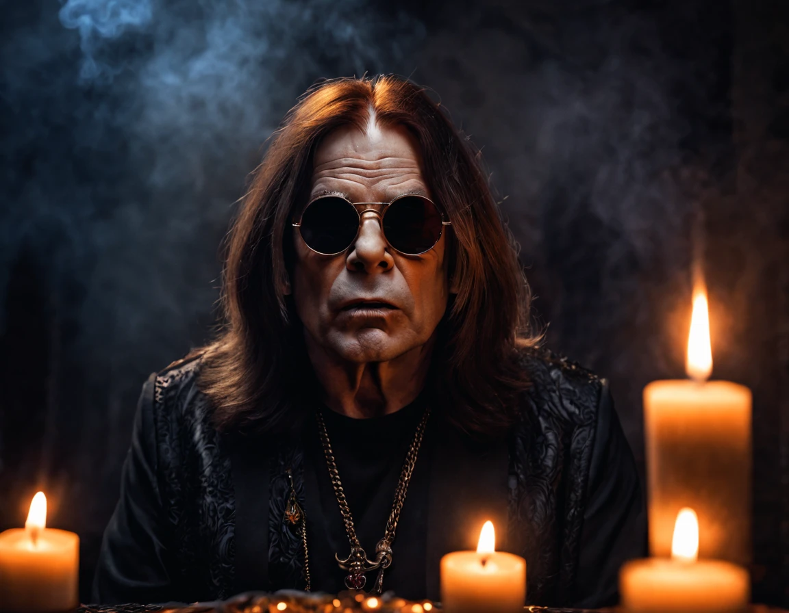 Realistic photo, extremely detailed face,  masterpieces, Ozzy Osbourne, prince of darkness, dark and round sunglasses, bat, candles, smoke elements, dark climate, Imersive background, raw photo, hdr, 8k, 