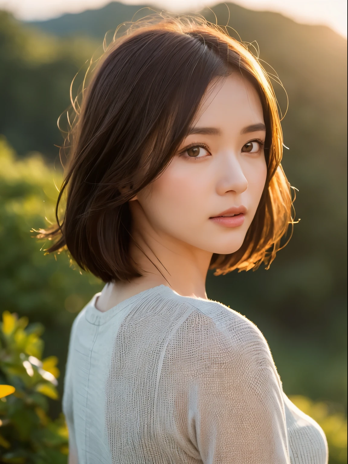 ((Best quality,8K,master masterpiece:1.3)), 1girl, full bodies, Slim face, Beautiful woman, (Short dark brown hair), Long top, Super detailed face, Detailed eyes, Back,Standing on the side of the mountain wearing sunglasses,Look at the sunrise in the distance, Blur the background, Slim face, Yamakawa,sunrise,