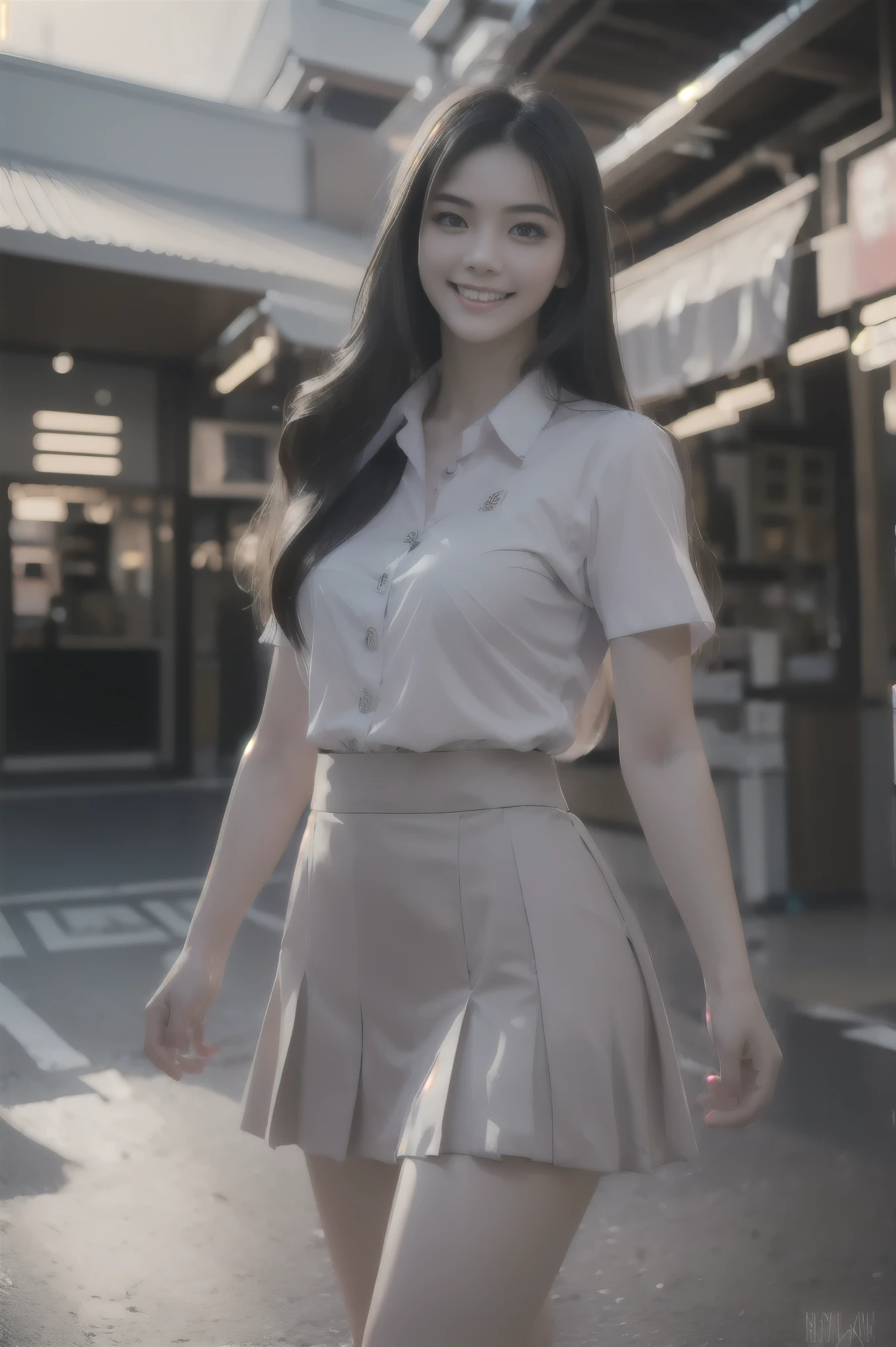 Pretty age woman, 19 years old, white and smooth skin, slender shape, small Thailand university uniforms , long black hair, smile, mini skirt, walking in super markett, natural light, portrait, 8k, ultra realistic