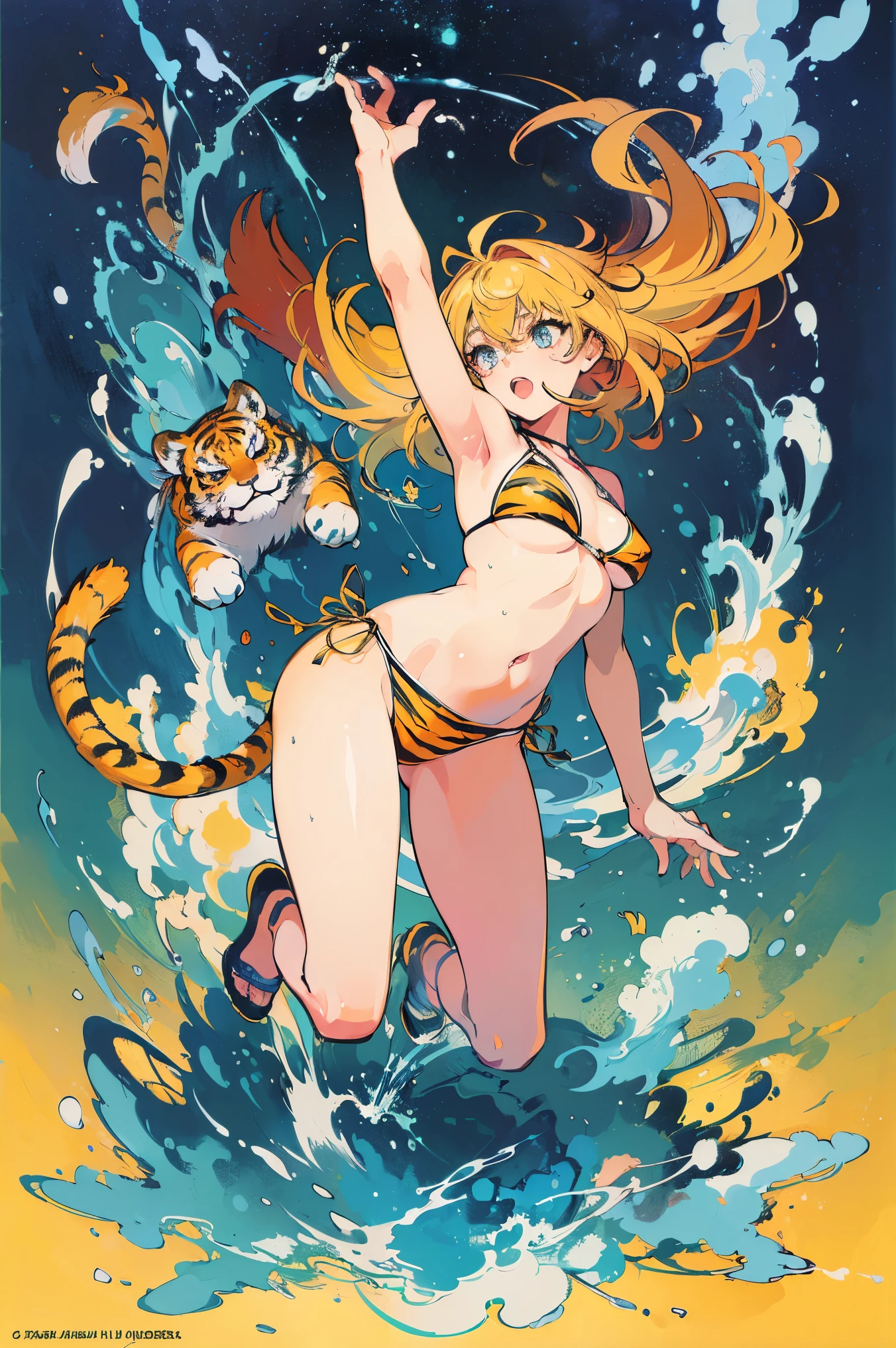 (​masterpiece, top-quality, Official art:1.2)Look at viewericro bikini, tiger and girl, Tiger painting}A flash of light runs, Colorful water levitation(2D:1.5),