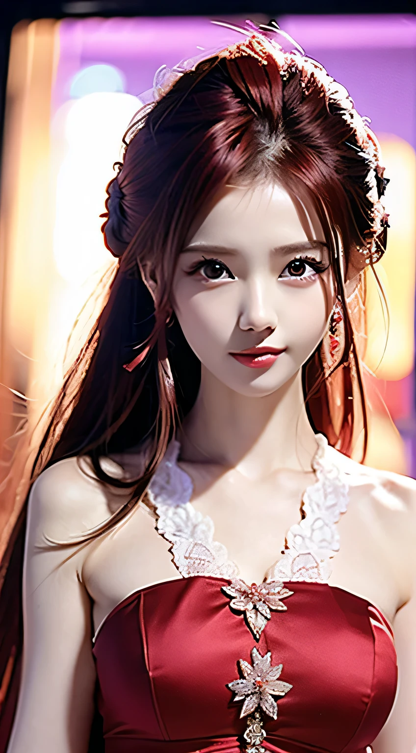 ((full body shot)), 8K Ultra HD, A girl, Good face, Detailed, Eyes, Beautiful lips, Very red hair, disheveled hair, Medium breasts, Wedding dress, Pink dress, In the park, Glowing, clear weather,