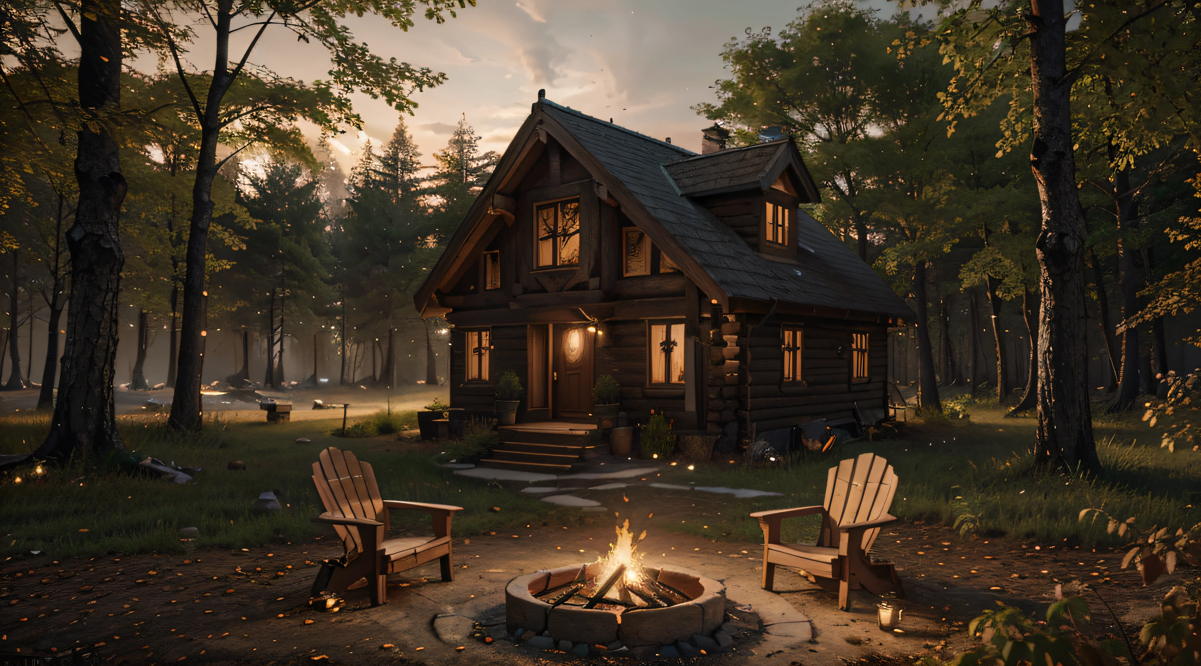 Cottage in the woods，There is fire in the fire pit, 4k highly detailed digital art, Unreal Engine 4K wallpapers, autumn night, warm beautiful scene, 4k hd matte digital painting, fantasy atmospheric lighting, calm evening. Digital illustration, realistic fantasy rendering, 8K high quality detailed art, highly detailed scenario, Unreal Engine fantasy art