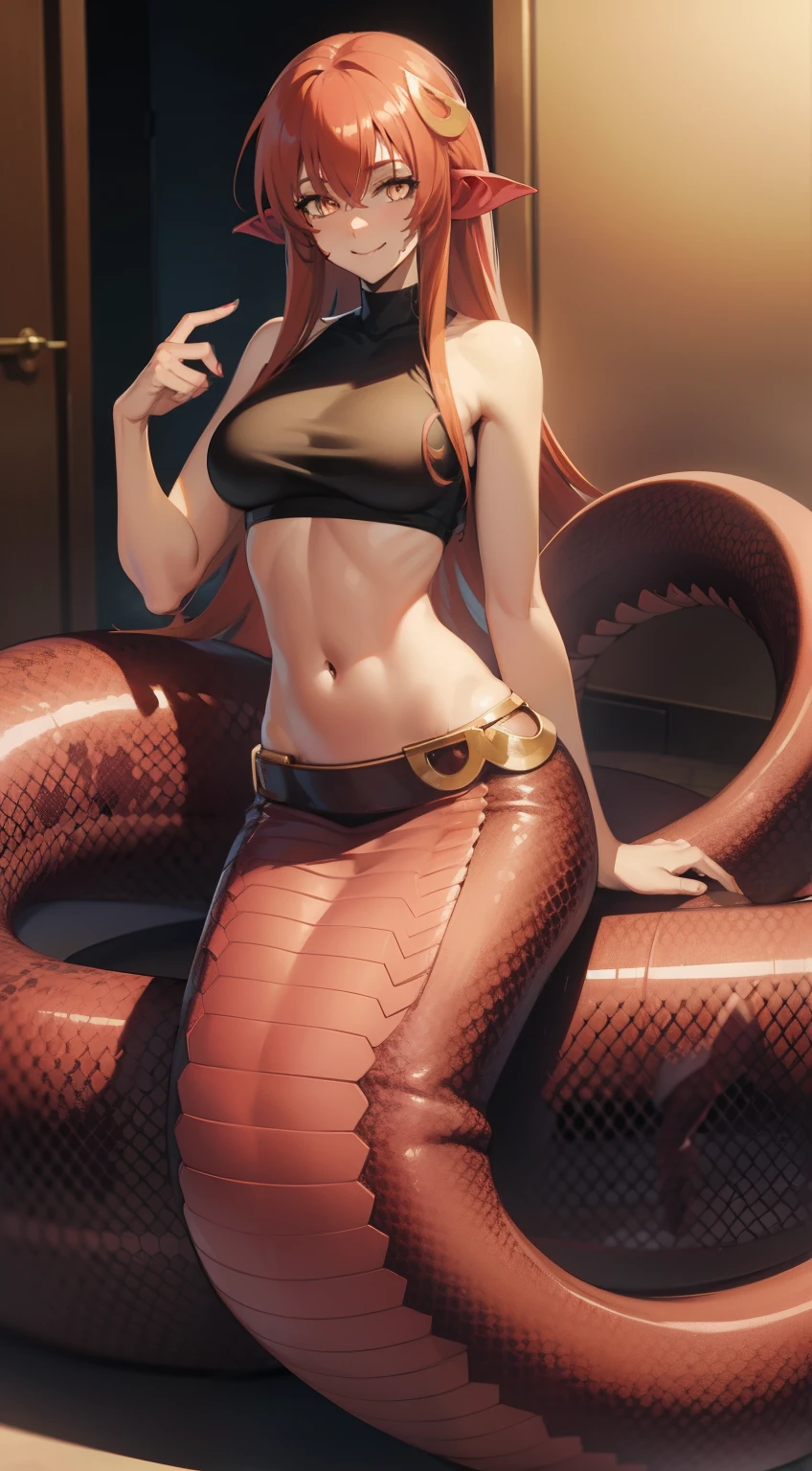 Furry, scaly, snake women, red scaled tail, monster musume, miia, smug, smile, high resolution, skirt, crop top, muscular, full body picture, 1 person