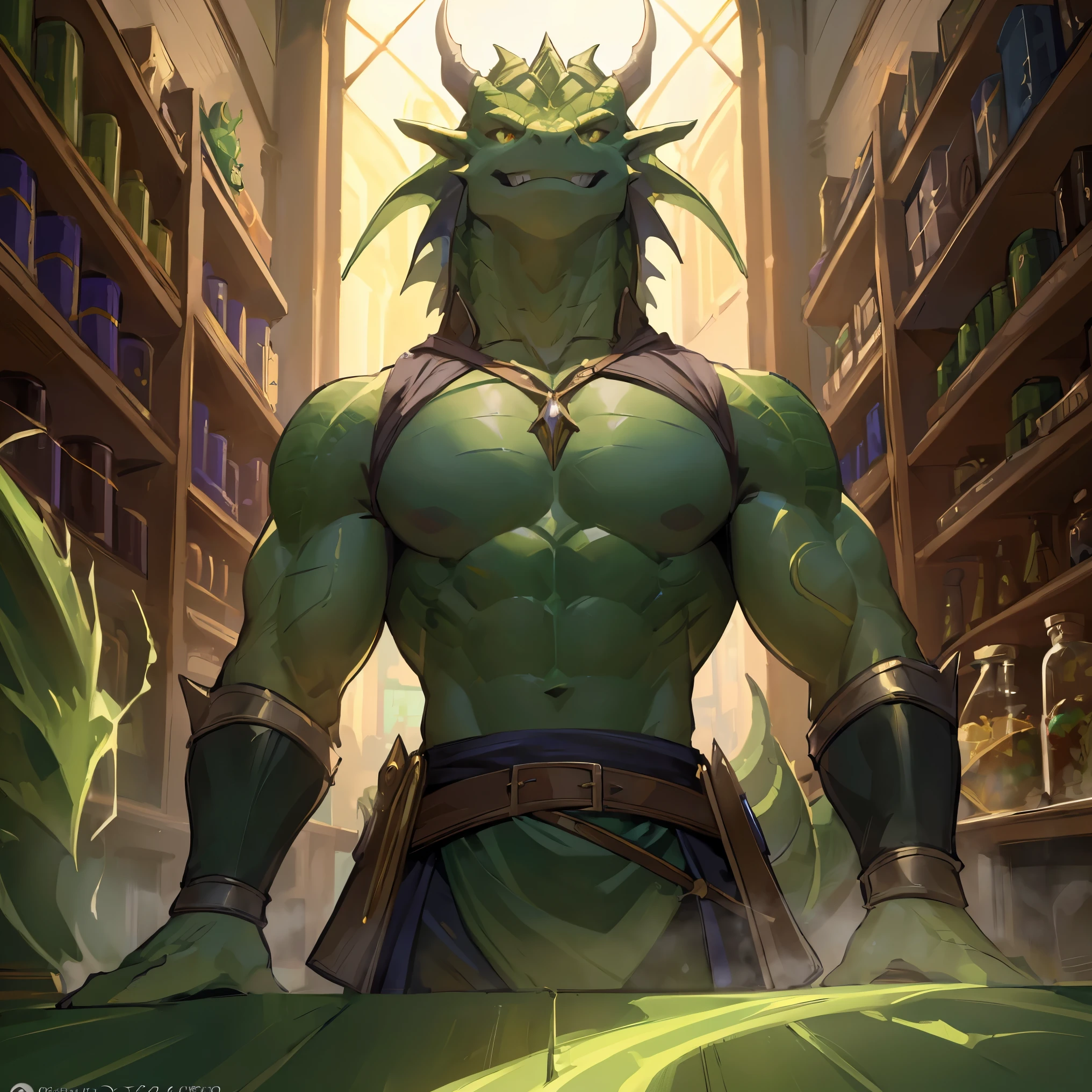 (masterpiece, 4K, ultra detailed, RAW photogr:1.2)illustratio, massive green dragon, tight medieval clothing, massive Chest bulge, welcoming smile, the counter in a shop, full of glowing potions, dynamic angle,