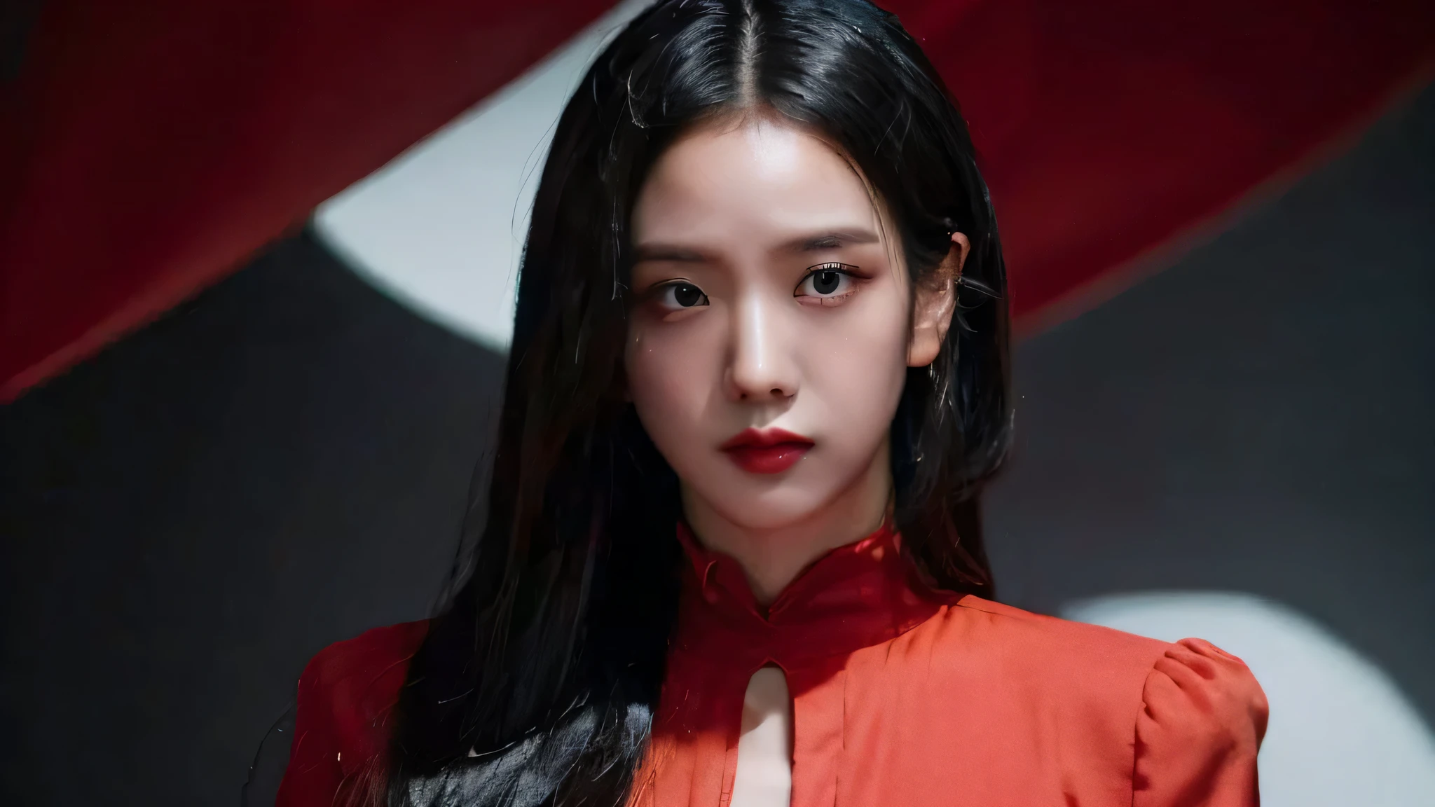 (best quality, highres:1.2, detailed-face, detailed eyes, detailed, mouth, perfect face, masterpiece), realistic, red dress, black hair, black eyes, asian face, red theme, hell fire room background, red princess, intense gaze, intense style, elegant posture, flowing dress, detailed facial features, long eyelashes, contrast, fine details, dramatic atmosphere, gothic style, intense emotions, monochrome color palette, captivating setting, haunting beauty, artistic photography, everything is red