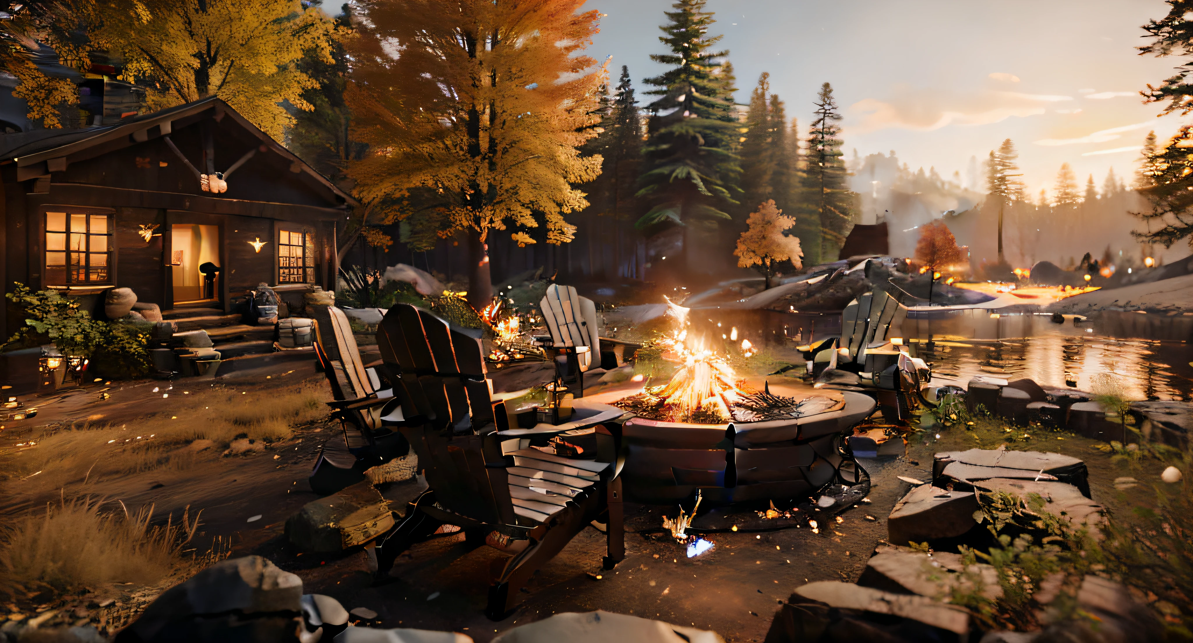 there is a fire pit with two chairs sitting next to it, campfire background, unreal 6 breathtaking detailed, unreal engine screenshot, relaxing environment, unreal engine ; romantic theme, cryengine render 8 k uhd, unreal 4 screenshot, campfire in background, 2020 video game screenshot, cryengine render 8 k, ( ( unreal engine ) )