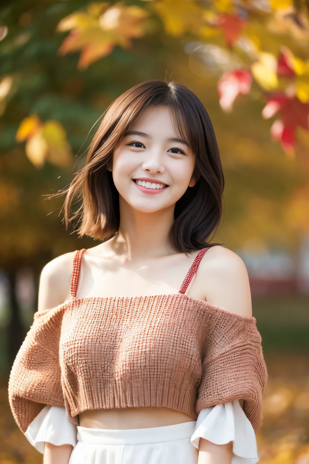 A happy smile looking at this、Under the Autumn Sky、dressed casually、20 year old girl with short hair, Adorable, Light Red Top.