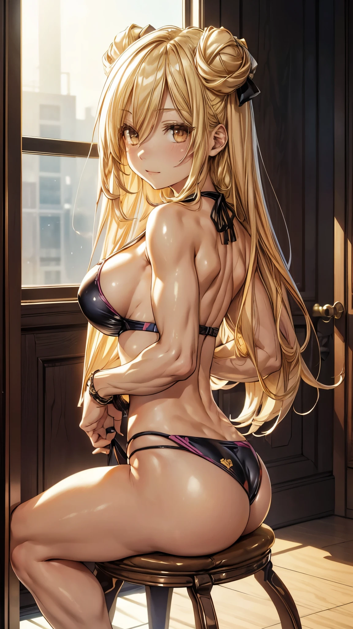 Mukuro is a beautiful young woman with a voluptuous body, having a bust considered disproportionately large for her physical age. She has golden eyes combined with flowing blonde hair that is longer than her own body. She ties her hair in an Odango hairstyle and wears ribbons around her buns, she has muscular legs and a muscular stomach, a small waist, and (((wears a very sexy and small bikini that leaves her entire backside exposed and her breasts exposed) )), (sitting with legs crossed on the chair), {{{full body photo}}}, (((in motel room))), (((giant breasts))), Big breasts, just breasts, Huge breasts, barefoot, cute smile looking at me, ((facing me)), showing her big ass to me, very sexy, (bare legs)