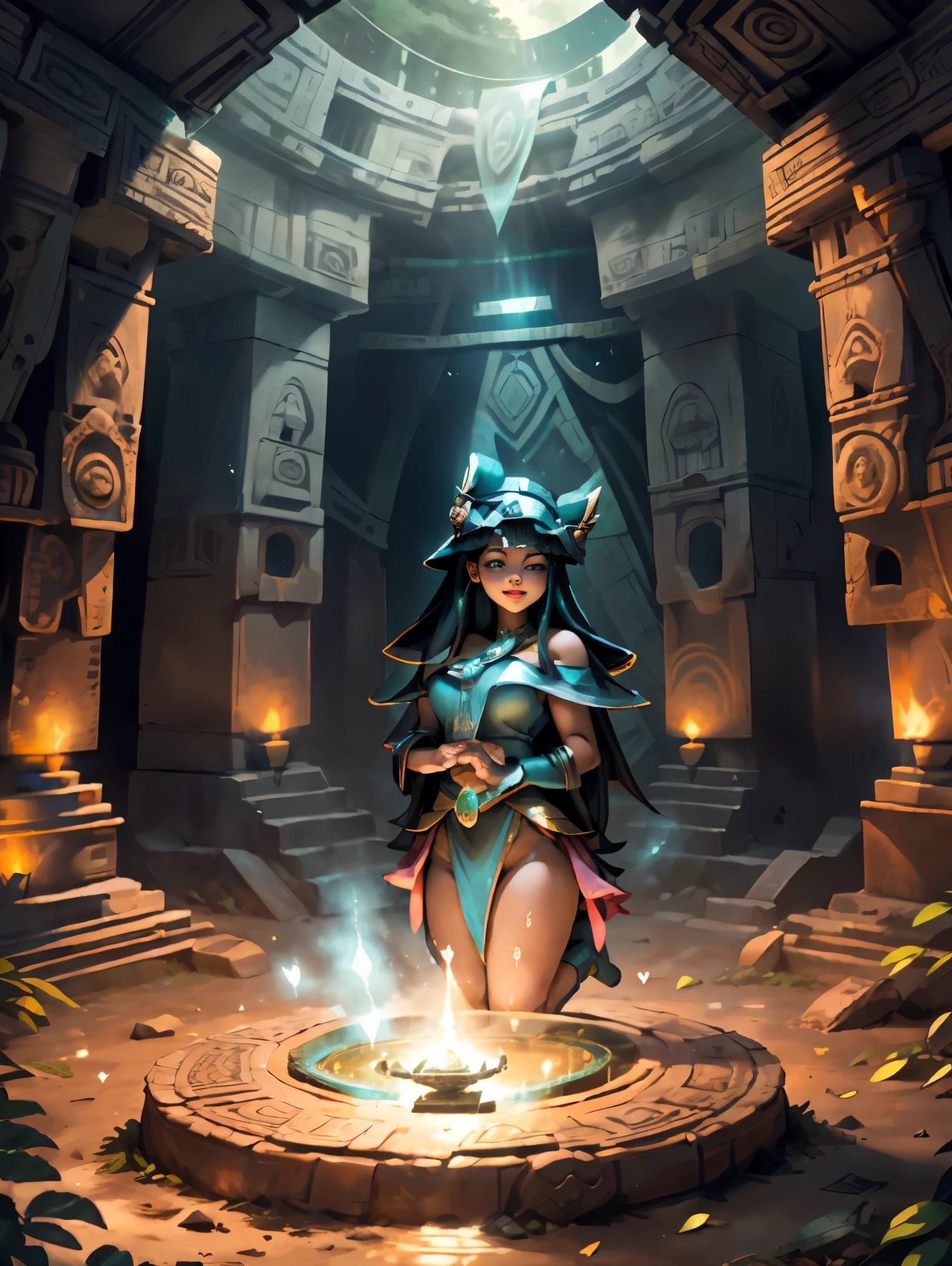 Dark magician gils vestida con traje maya, ella esta parada, Magic hearts background. Sonrisa en sus labios. Ojos celestes. Cabello rubio. Pose sensual. Levitando en una pie. Background of Mayan ruins and a magical stone portal  