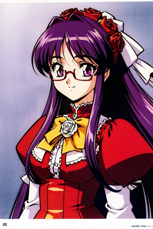 160cm girl, human body, victorian ta clothes, red yellow dress, red glasses, Purple eyes, Purple hair, long air, hair behind ears, hair loliand, a white rose on her head, light smile, no background, anime, bust chart, Eye-Level Shot, anatomically correct, ccurate, best quality, highres